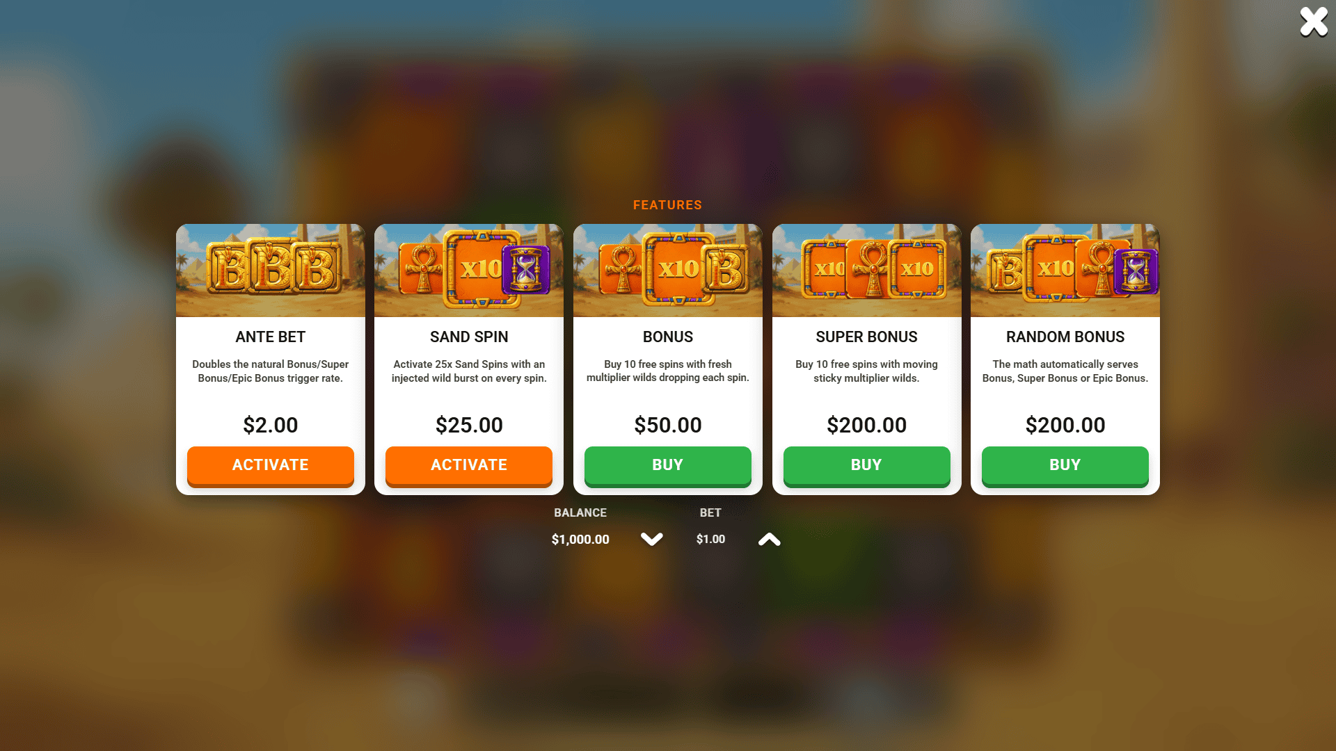 Shifting Sands bonus buy menu