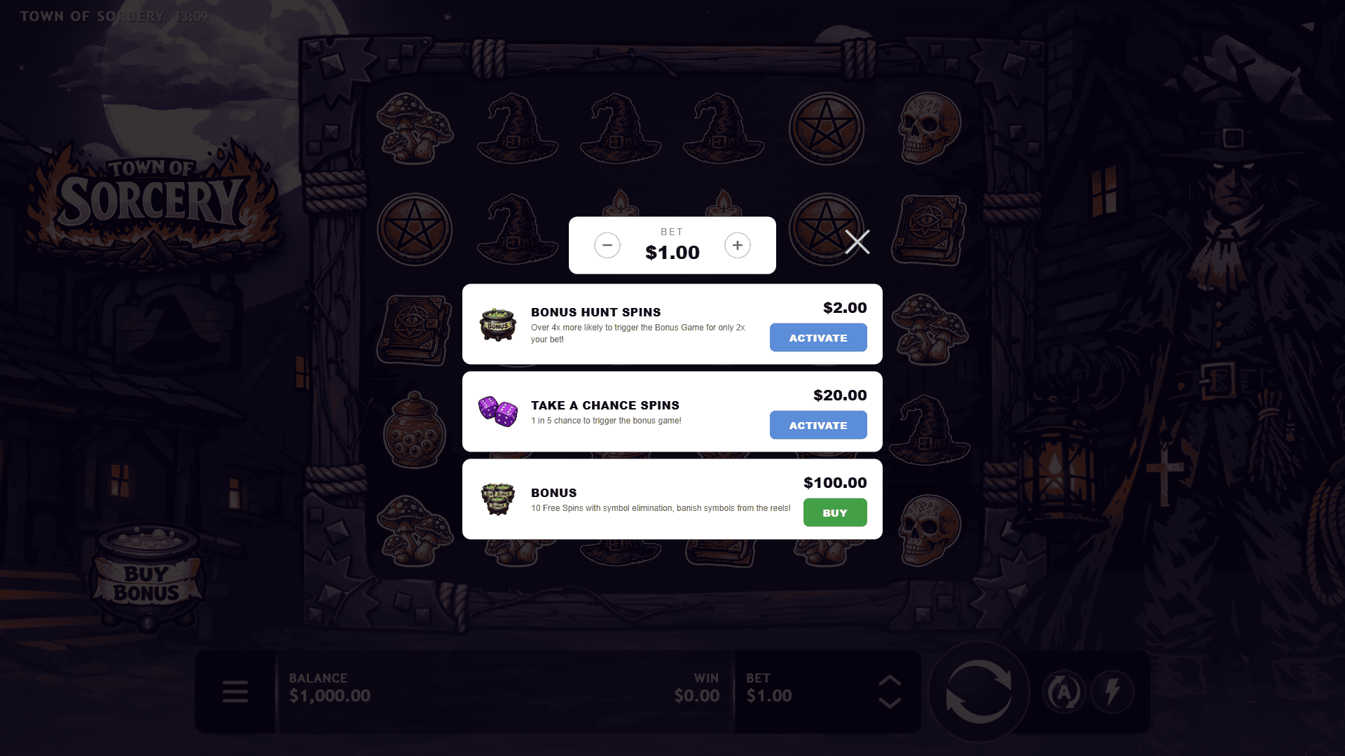 Town of Sorcery bonus buy menu