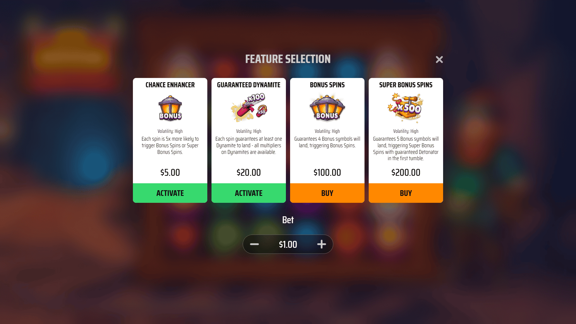 Big Boom Bonanza bonus buy menu