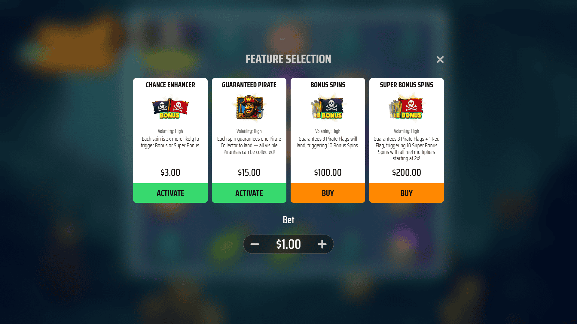 Pirates Hunting Piranhas bonus buy menu