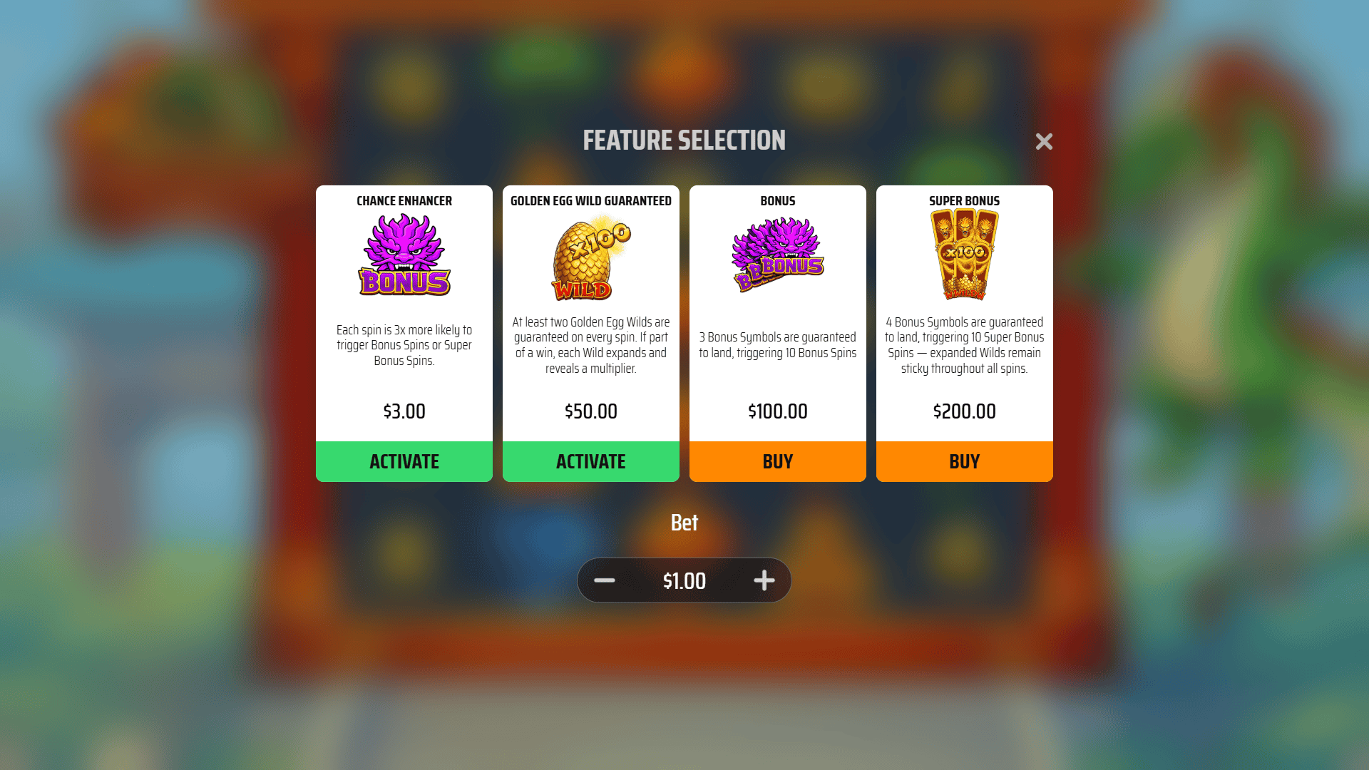 Wild Dragon Unleashed bonus buy menu