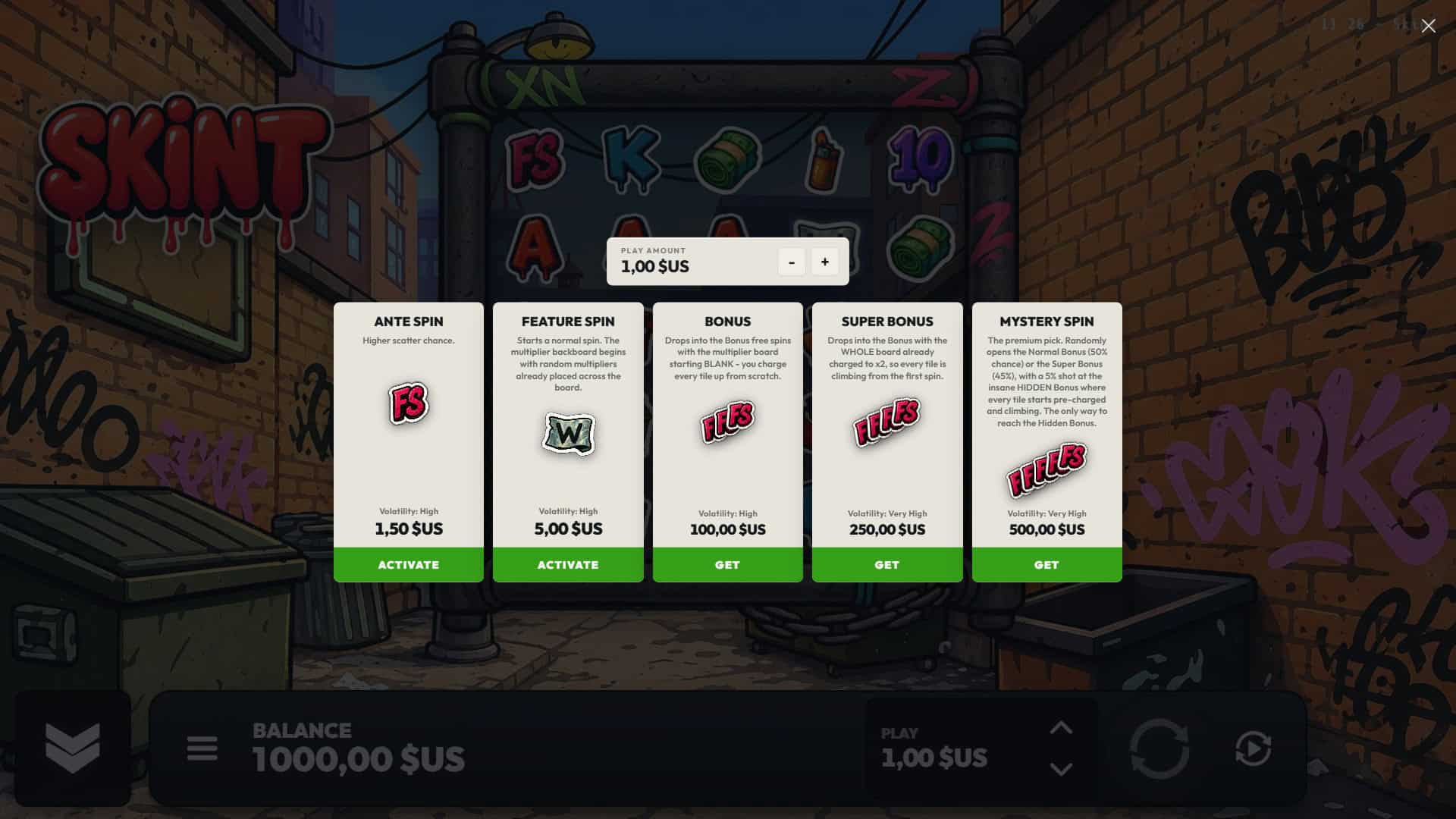 Skint bonus buy menu