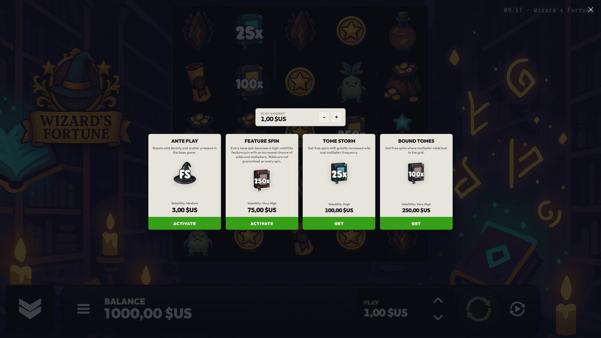 Wizards Fortune bonus buy menu