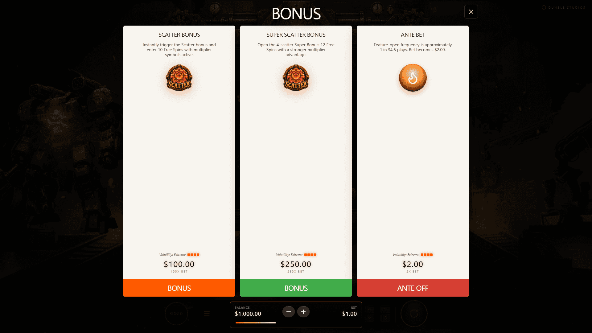 Robot Forge bonus buy menu