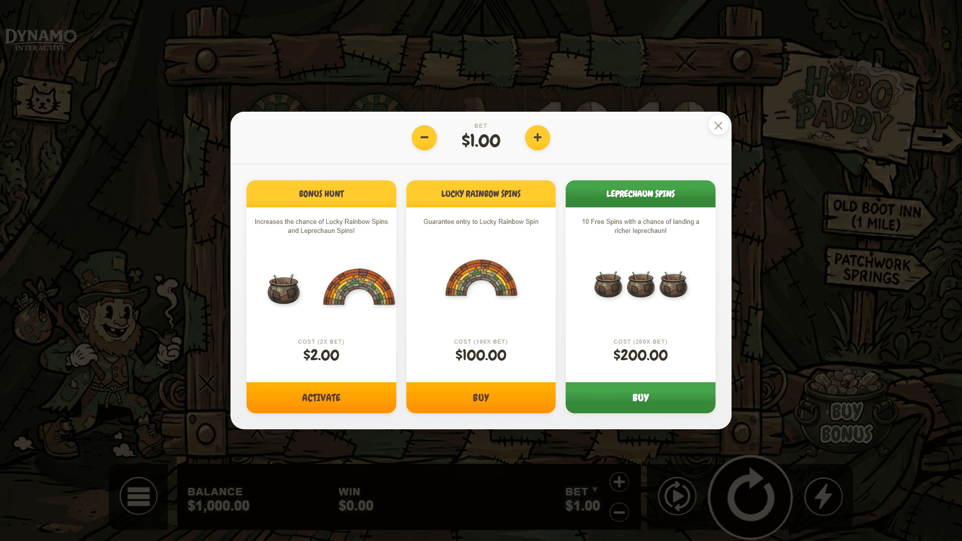 Hobo Paddy bonus buy menu