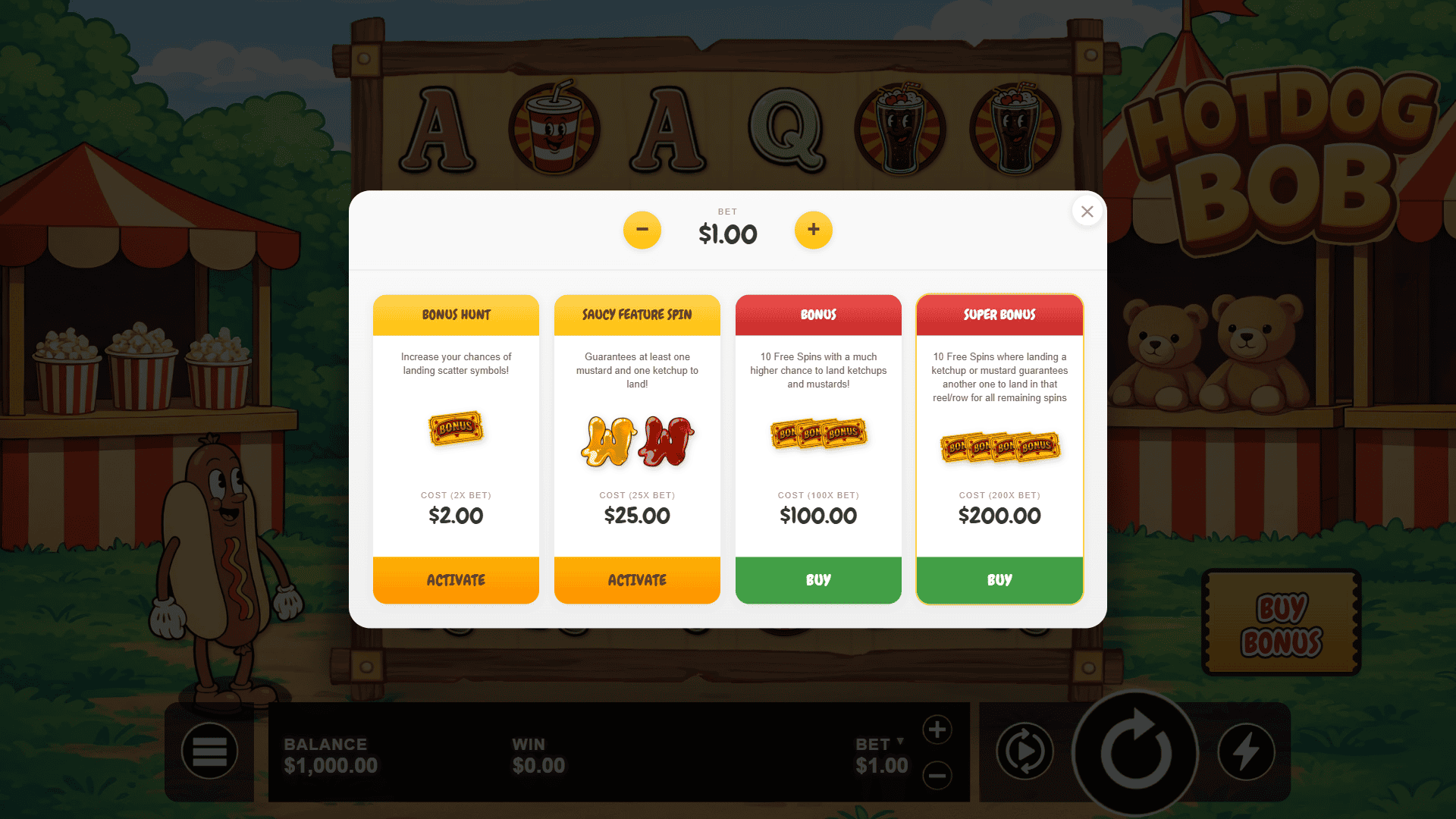 Hot Dog Bob bonus buy menu