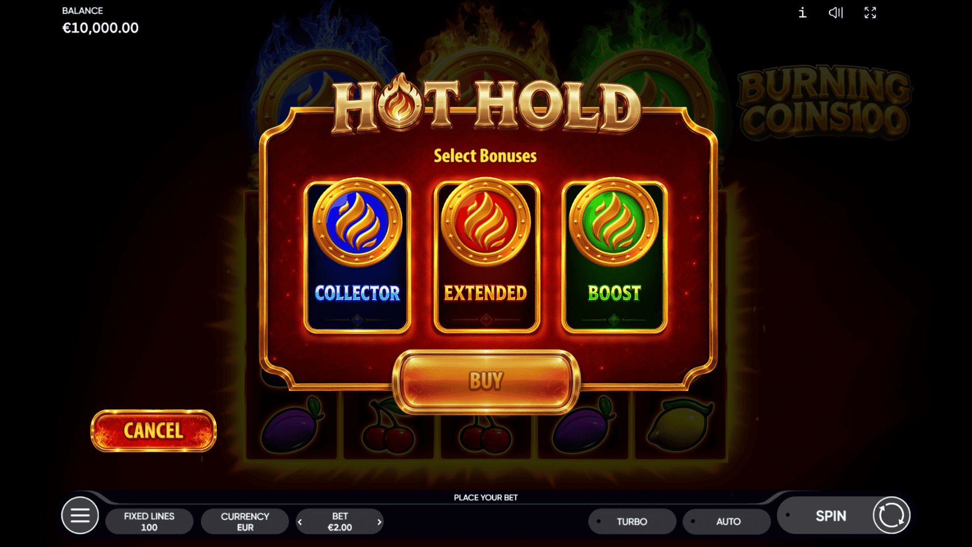 Burning Coins 100 bonus buy menu
