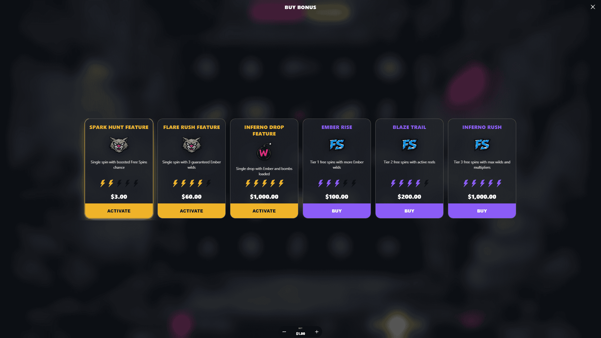 Ember Rush bonus buy menu