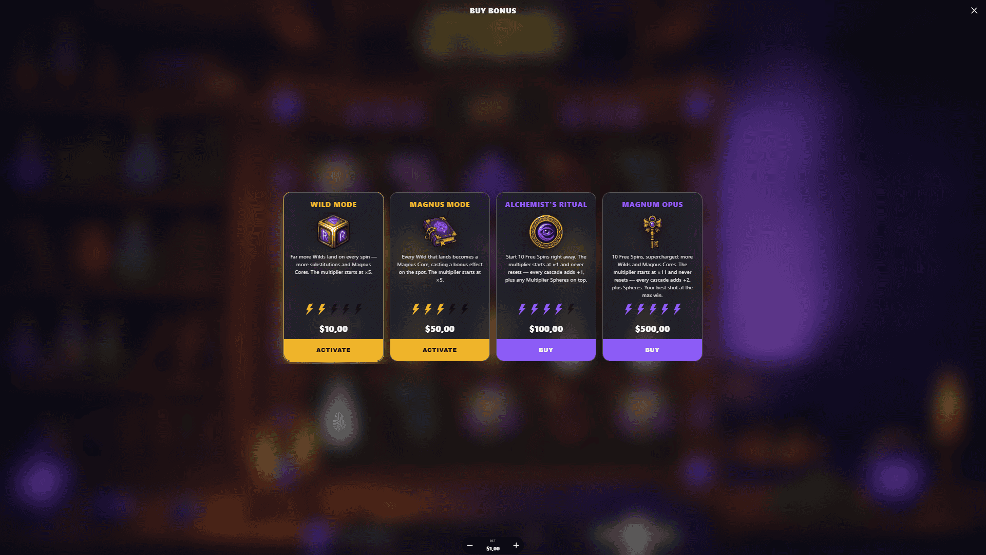 Magnus Alchemy bonus buy menu