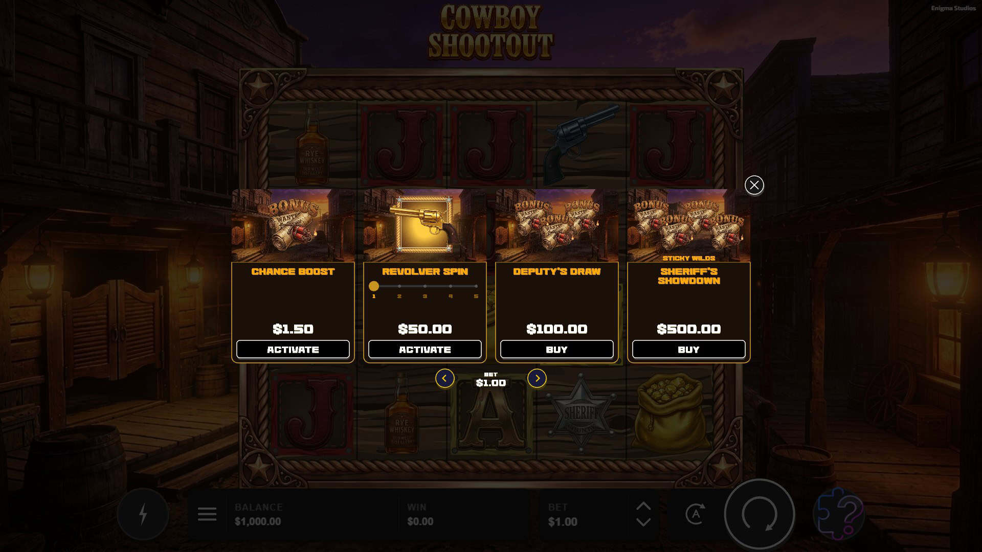 Cowboy Shootout bonus buy menu