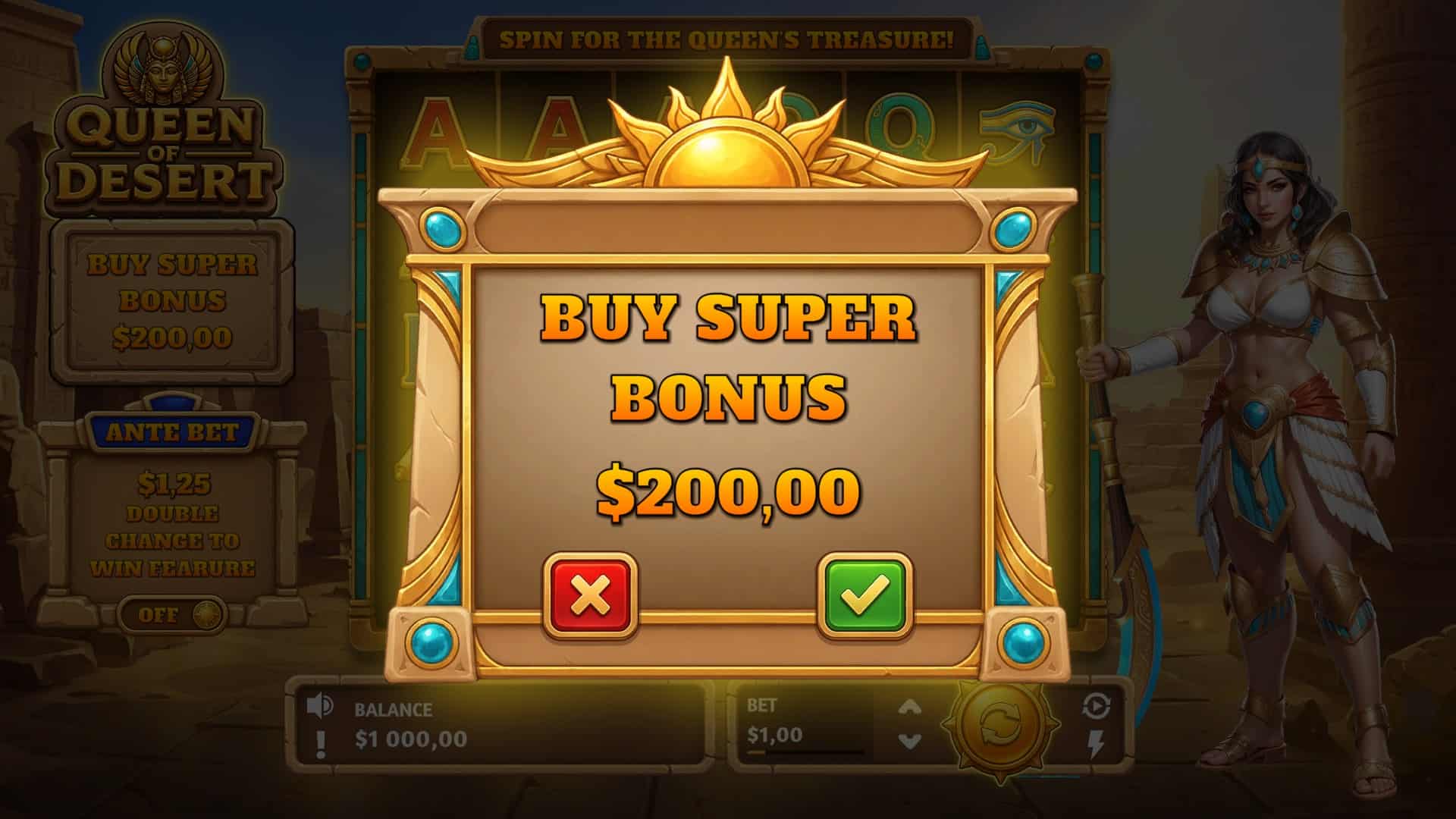Queen Desert bonus buy menu
