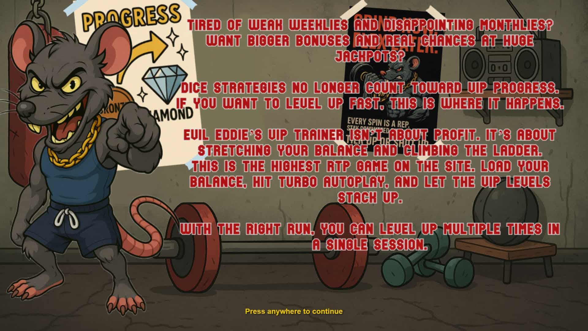 Evil Eddie's VIP Trainer slot intro screen