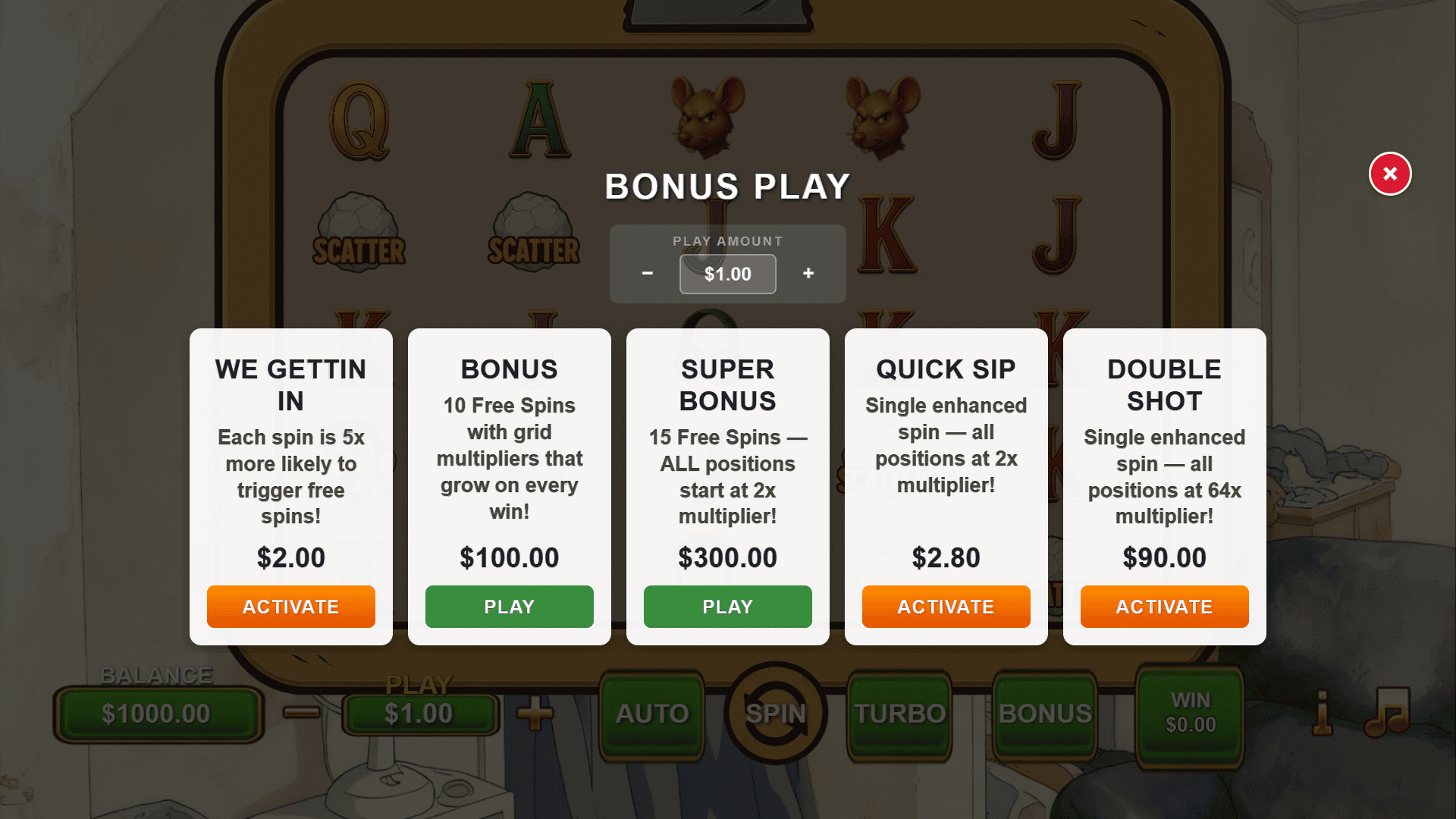 Bossmans Squirtin Scatters bonus buy menu