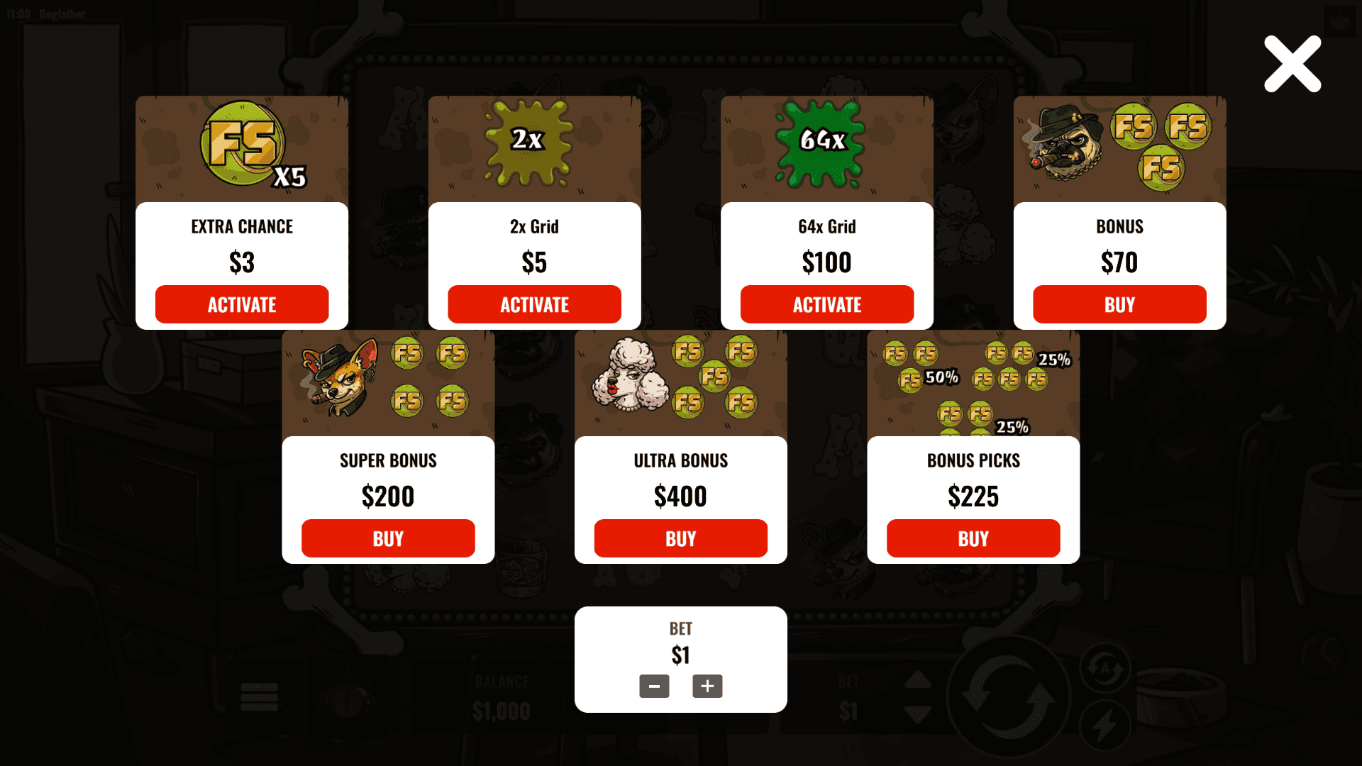 Dogfather bonus buy menu
