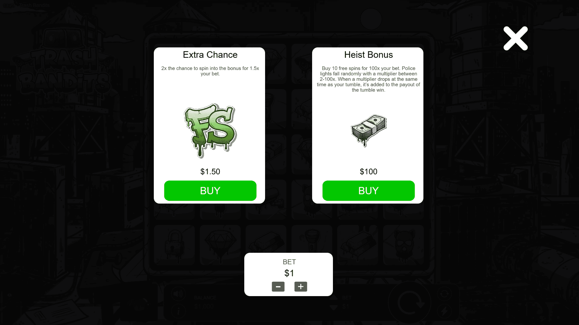 Trash Bandits bonus buy menu