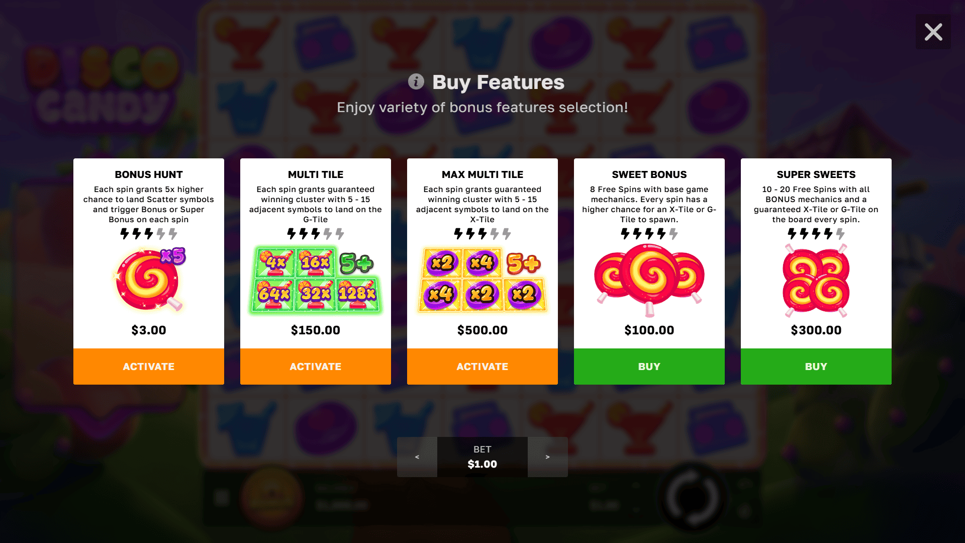 Disco Candy bonus buy menu