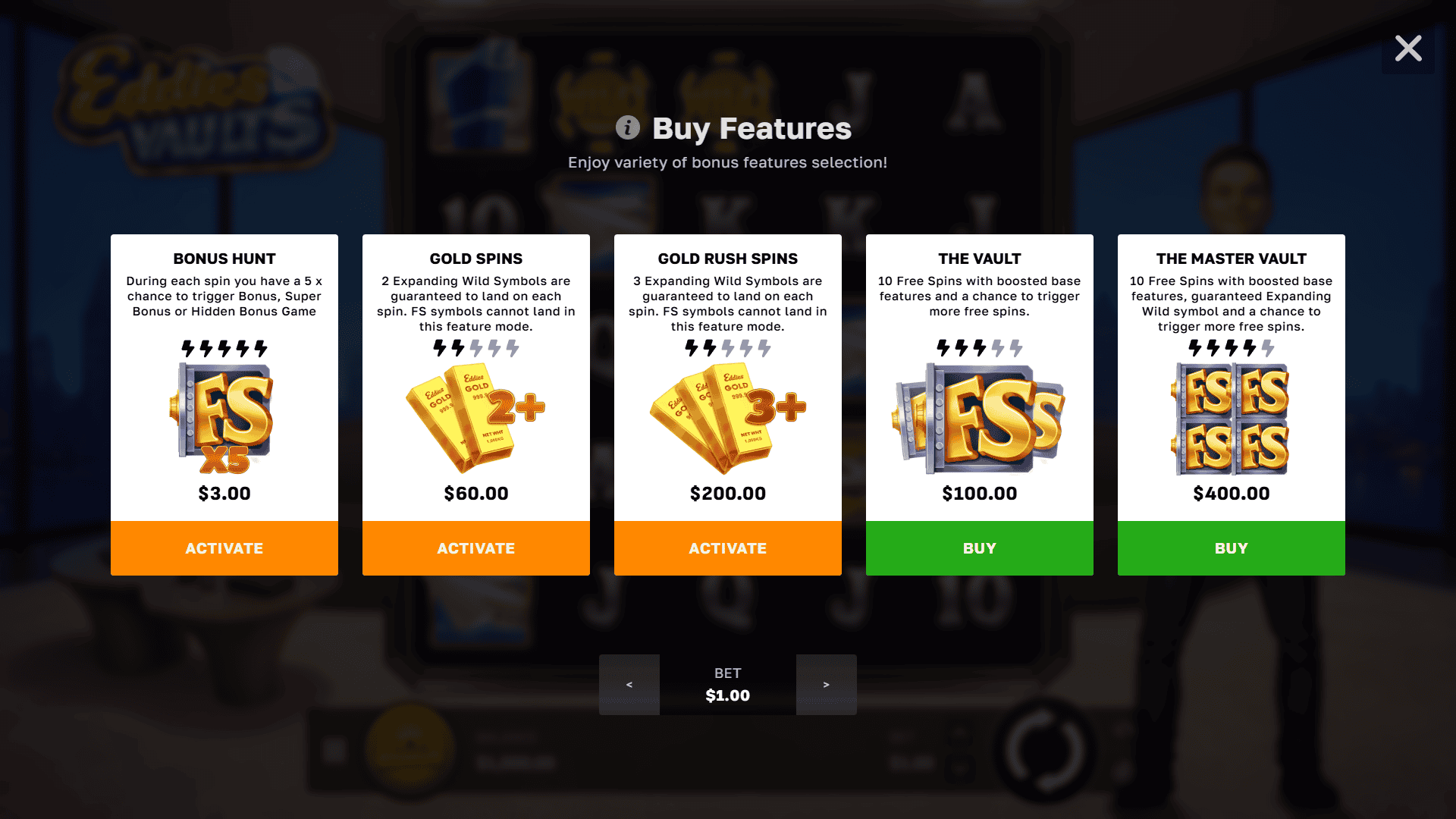 Eddies Vaults bonus buy menu