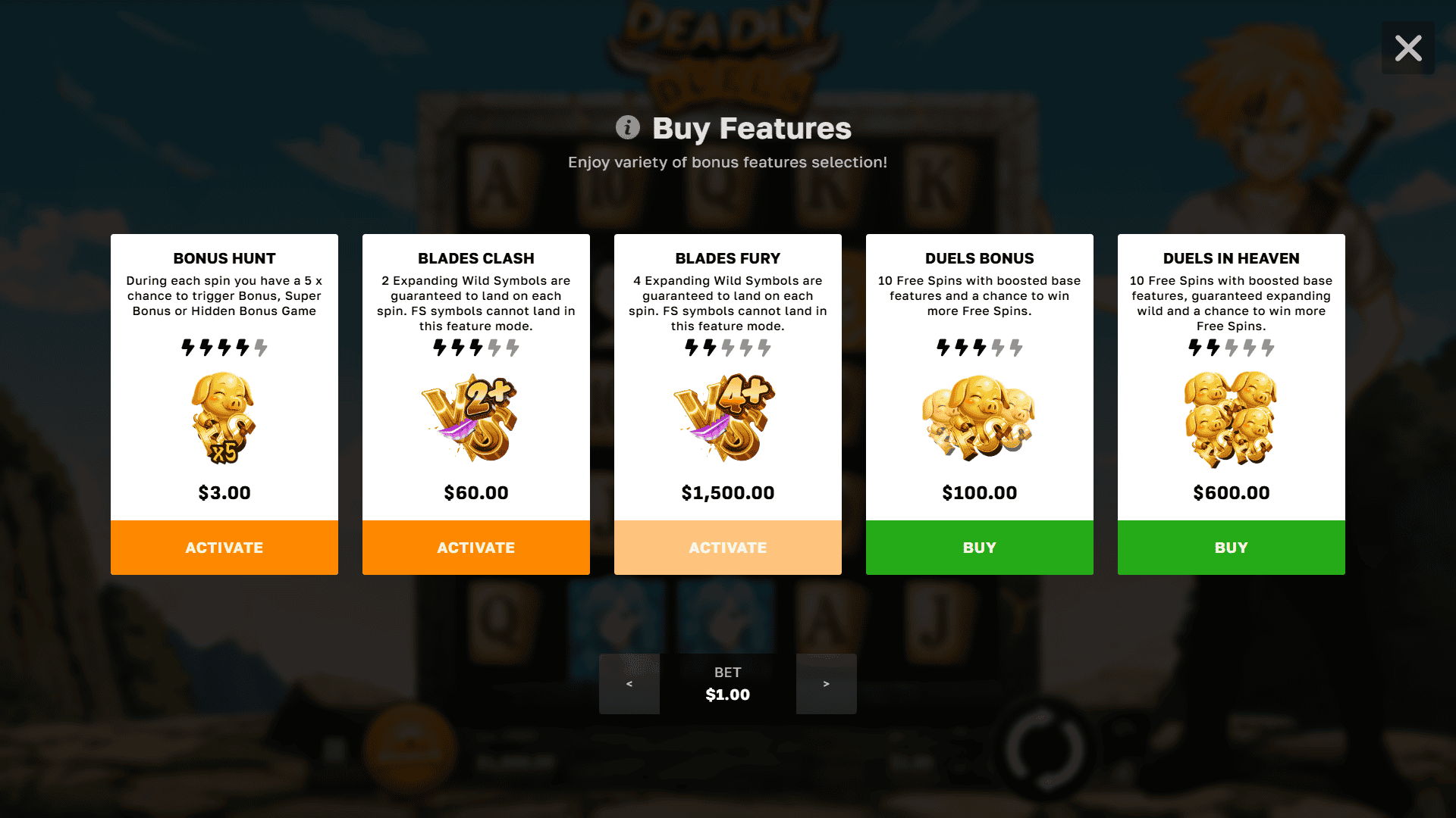Deadly Duels bonus buy menu