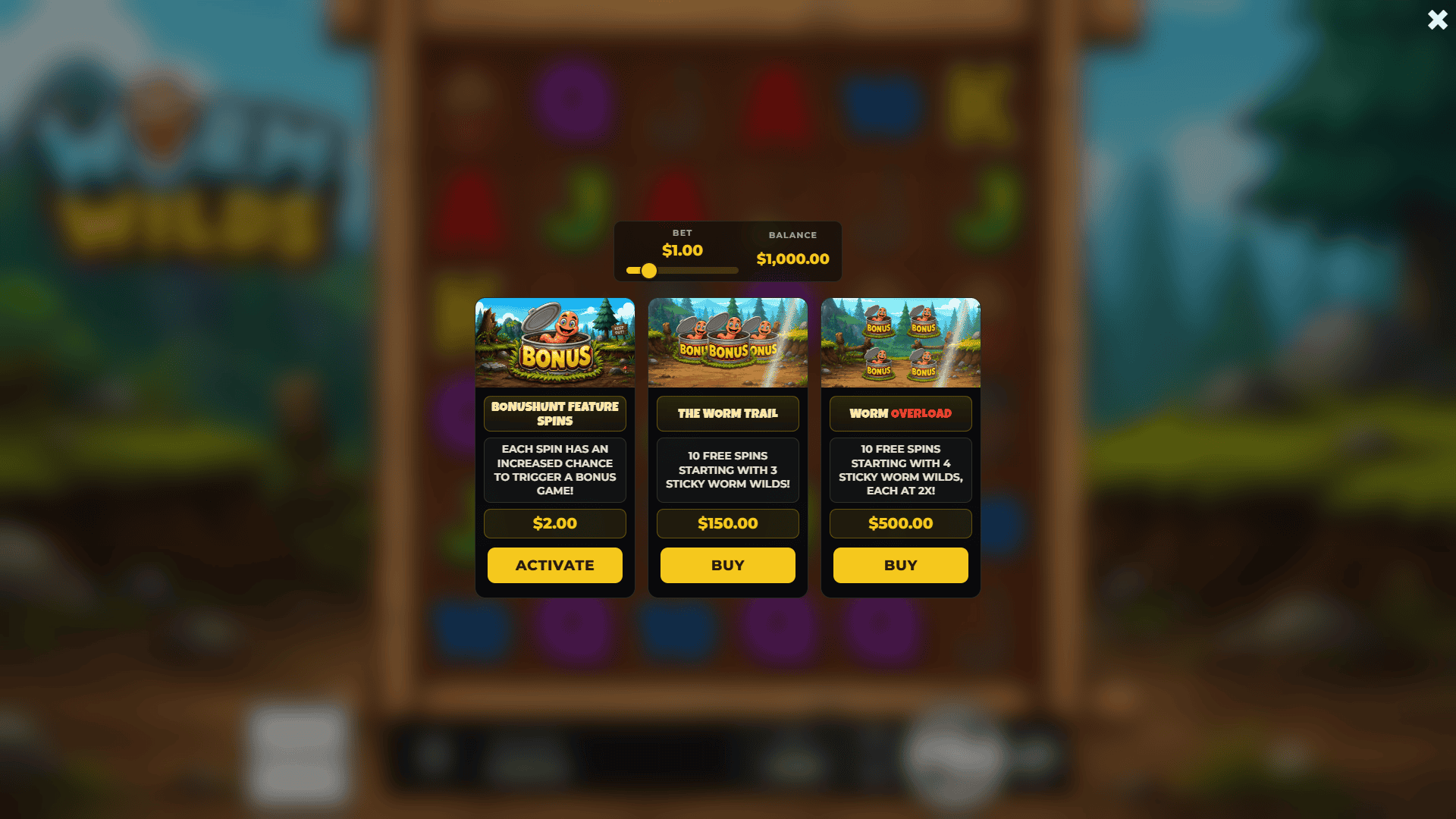 Worm Wilds bonus buy menu