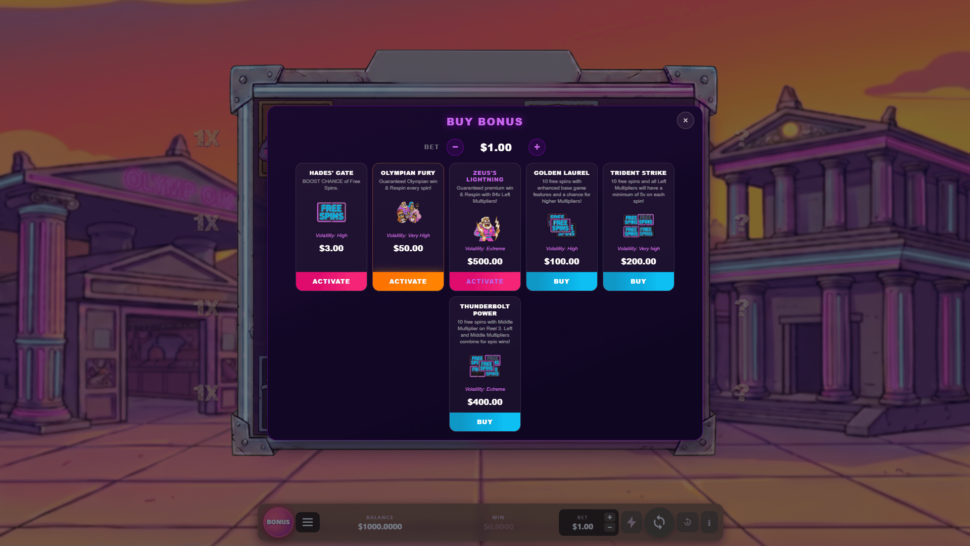 OlympOK bonus buy menu