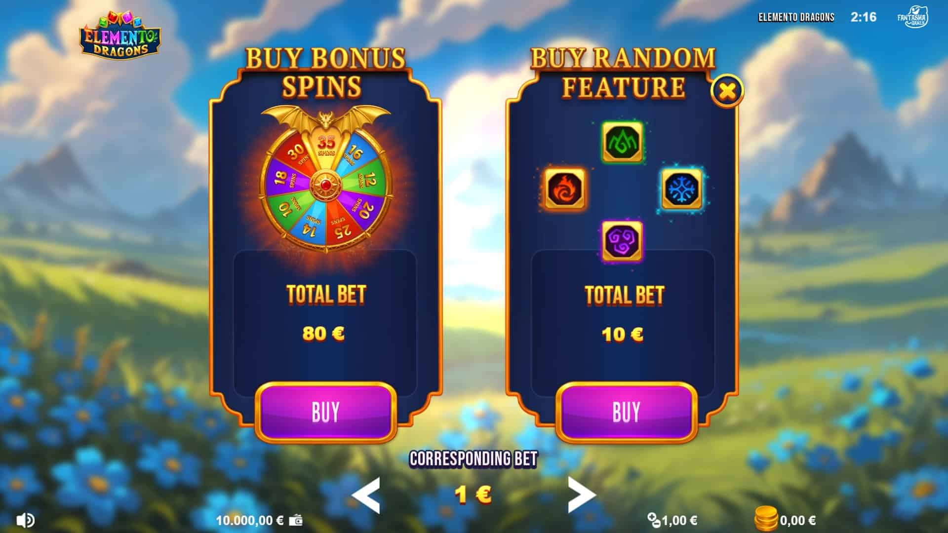 Elemento Dragons bonus buy menu