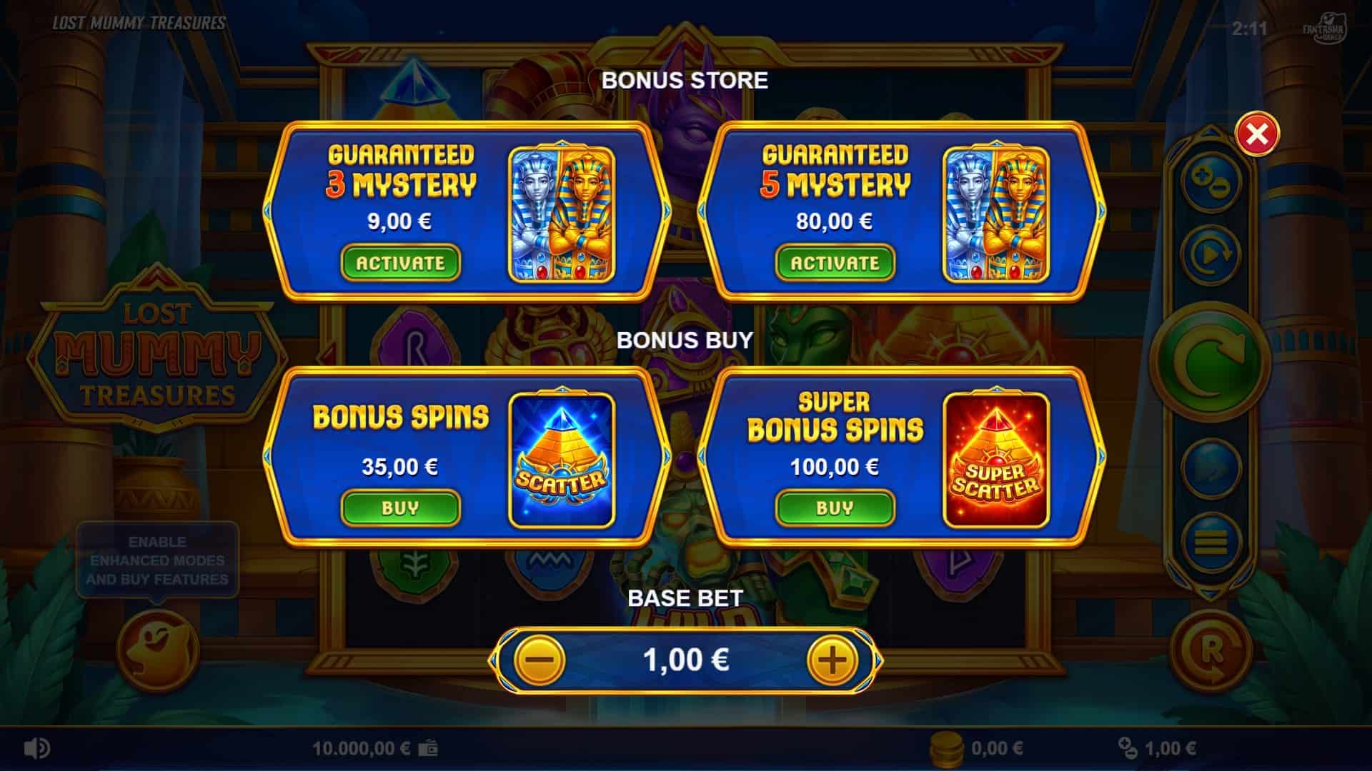 Lost Mummy Treasures bonus buy menu