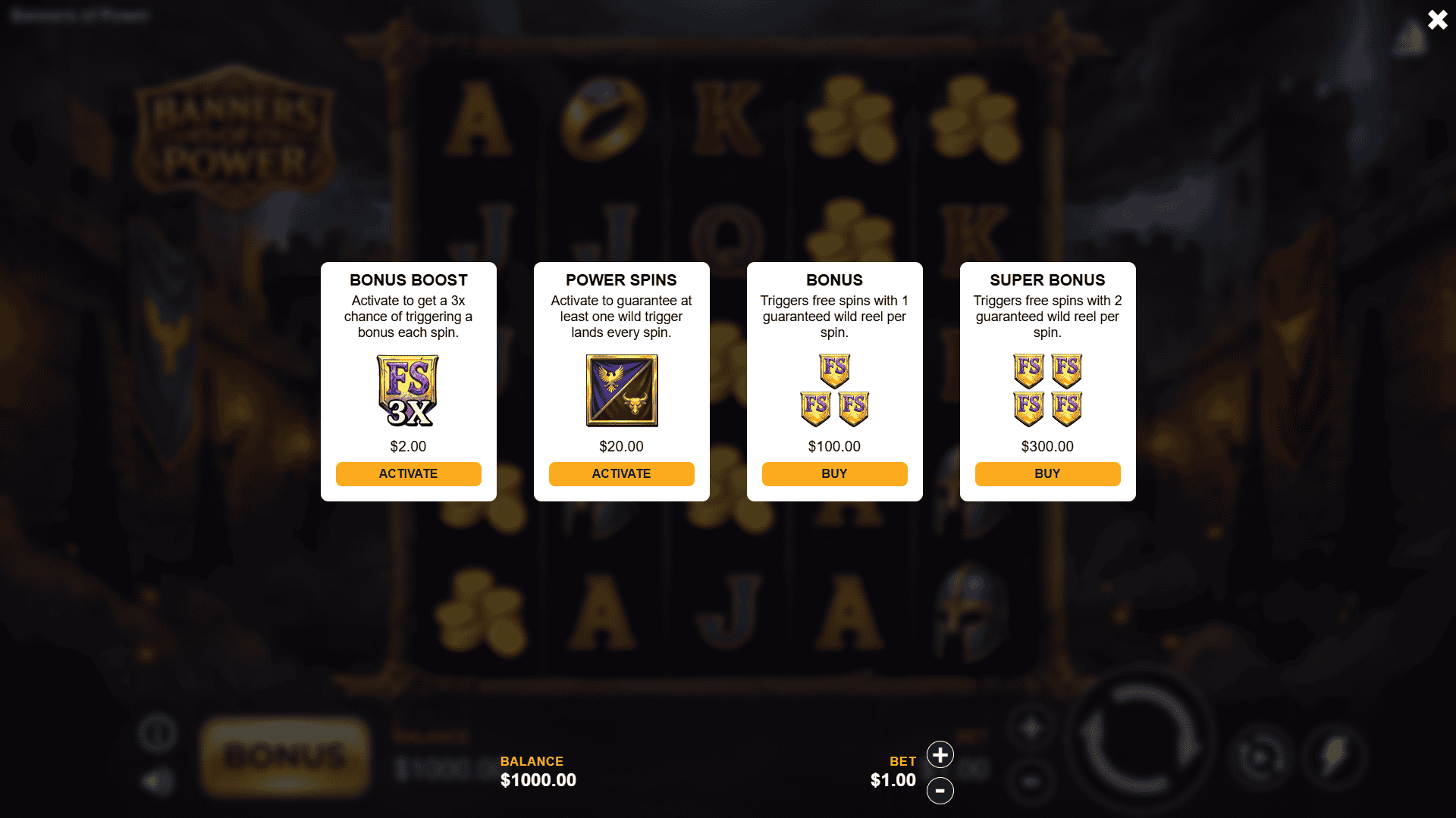 Banners of Power bonus buy menu
