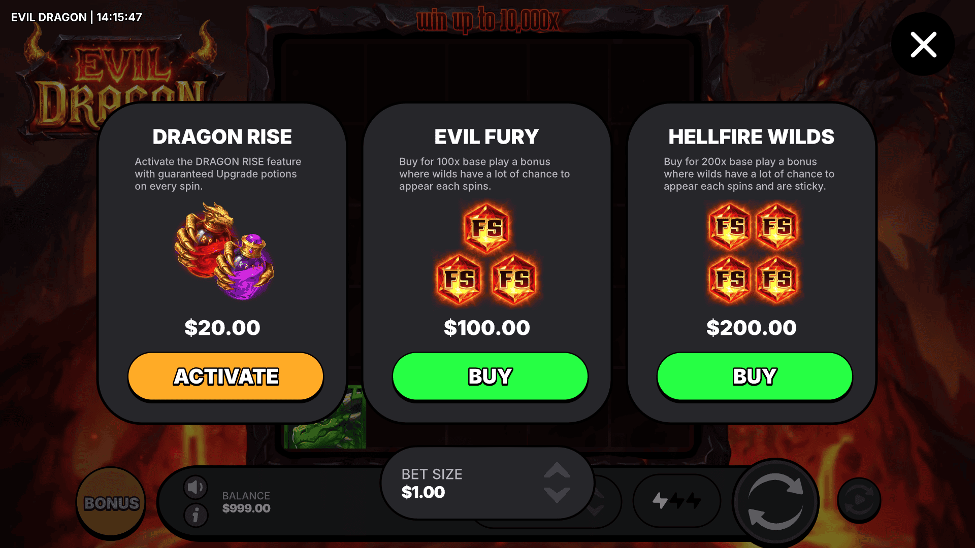 Evil Dragon bonus buy menu