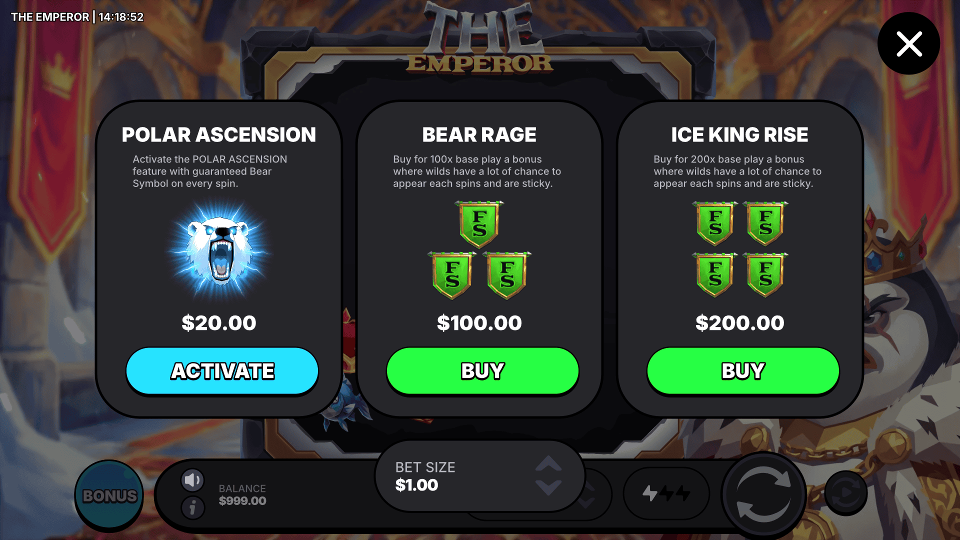 The Emperor bonus buy menu