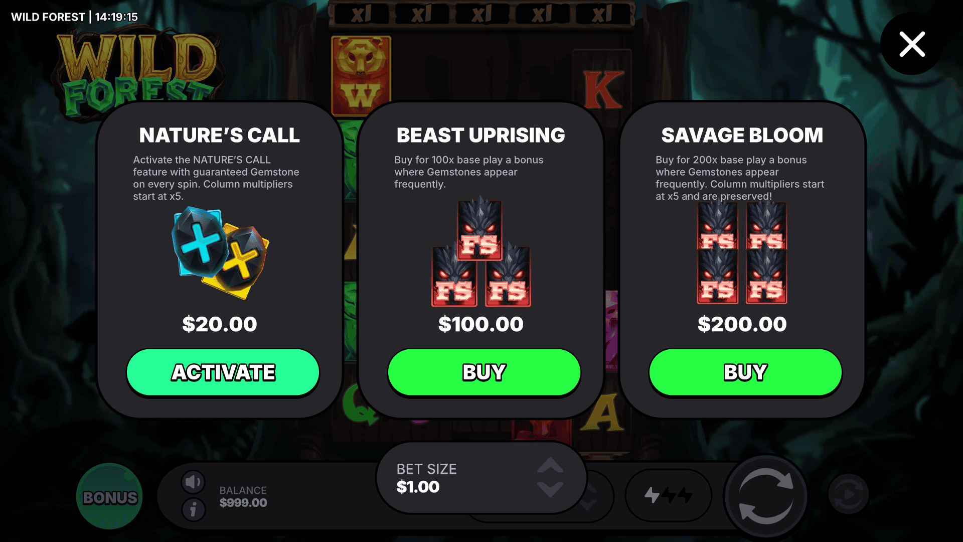 Wild Forest bonus buy menu