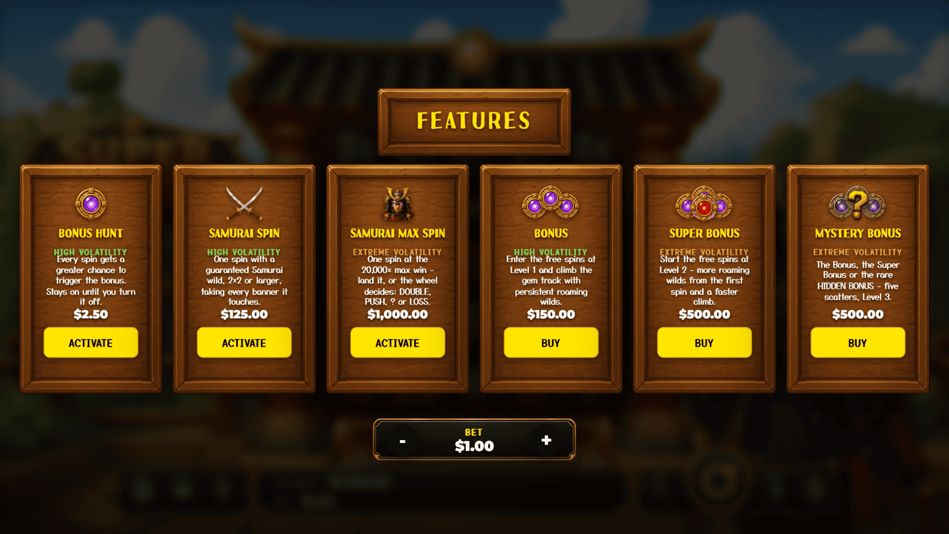Super Samurai bonus buy menu