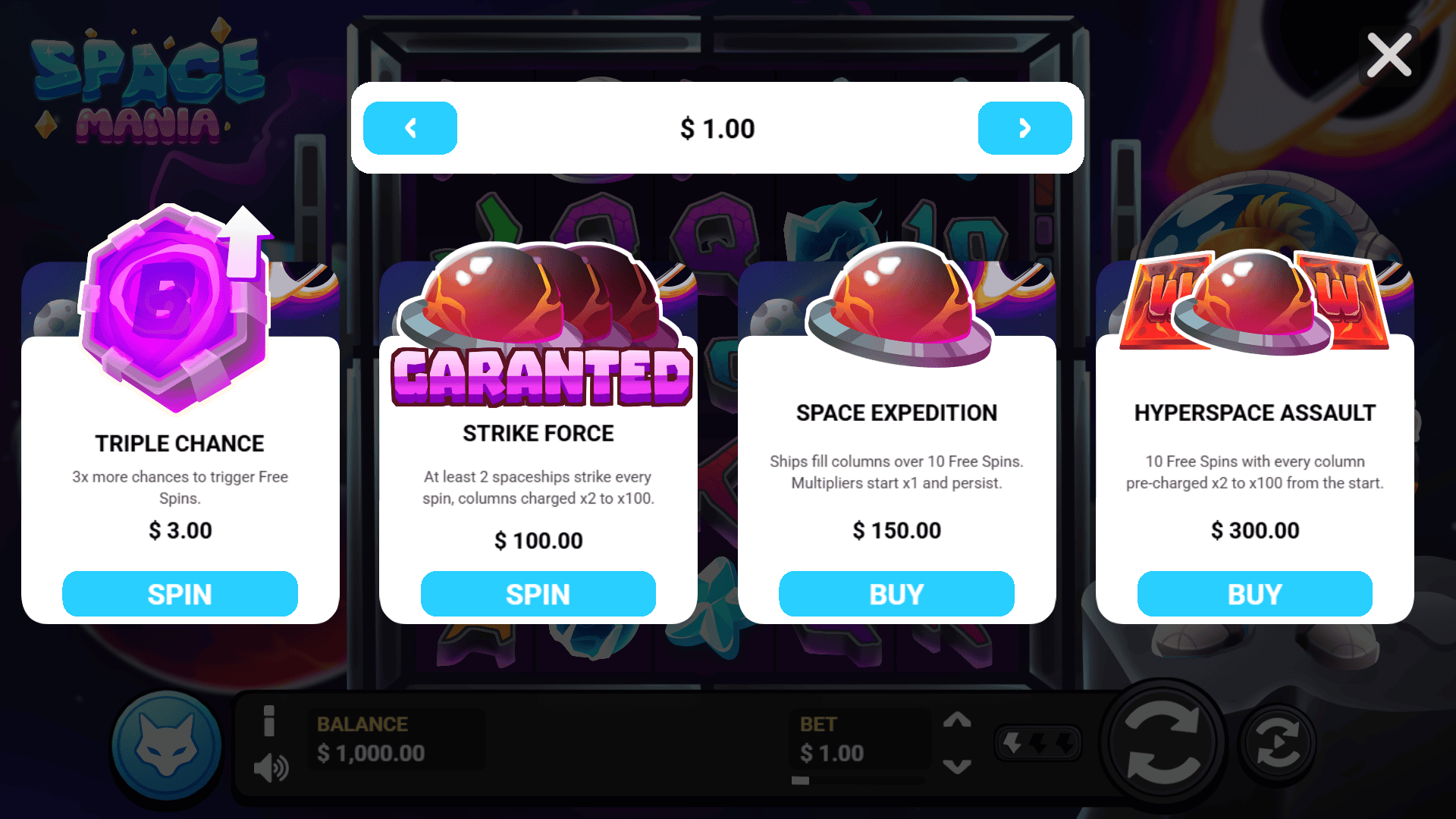 Space Mania bonus buy menu