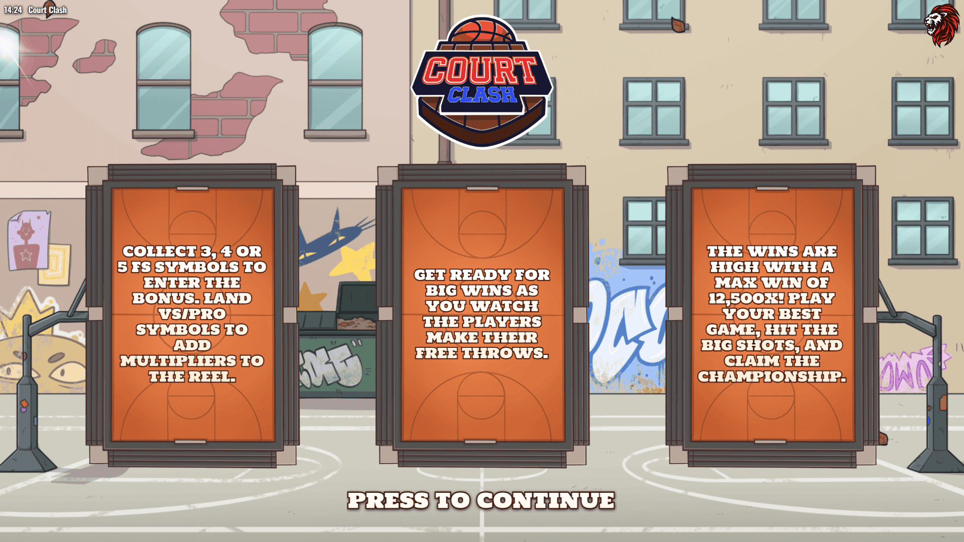 Court Clash slot intro screen