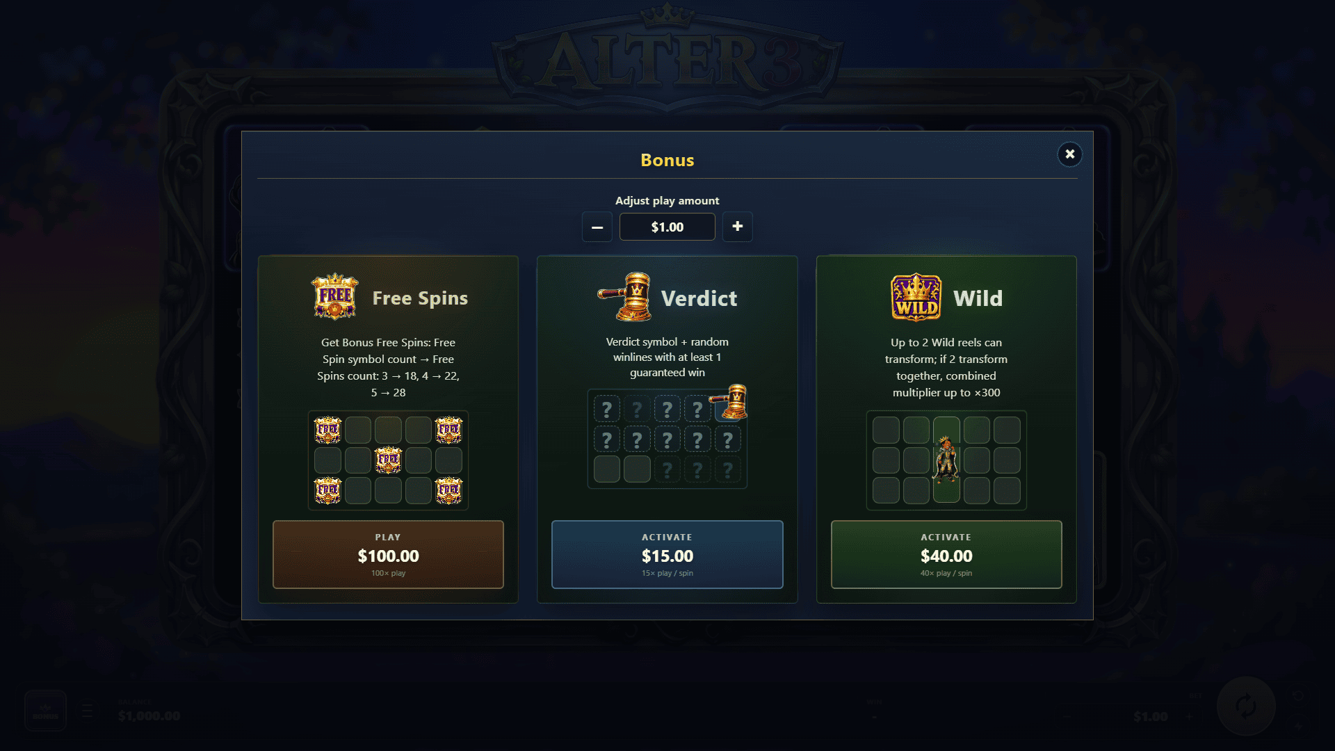 Alter 3 bonus buy menu