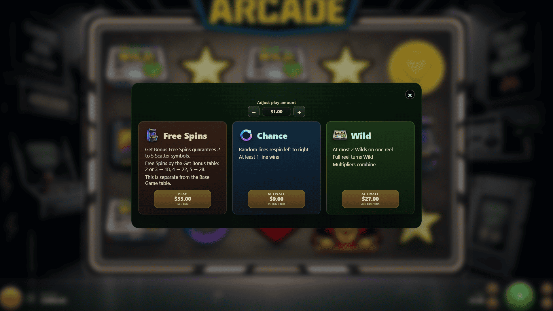 Arcade Riot bonus buy menu