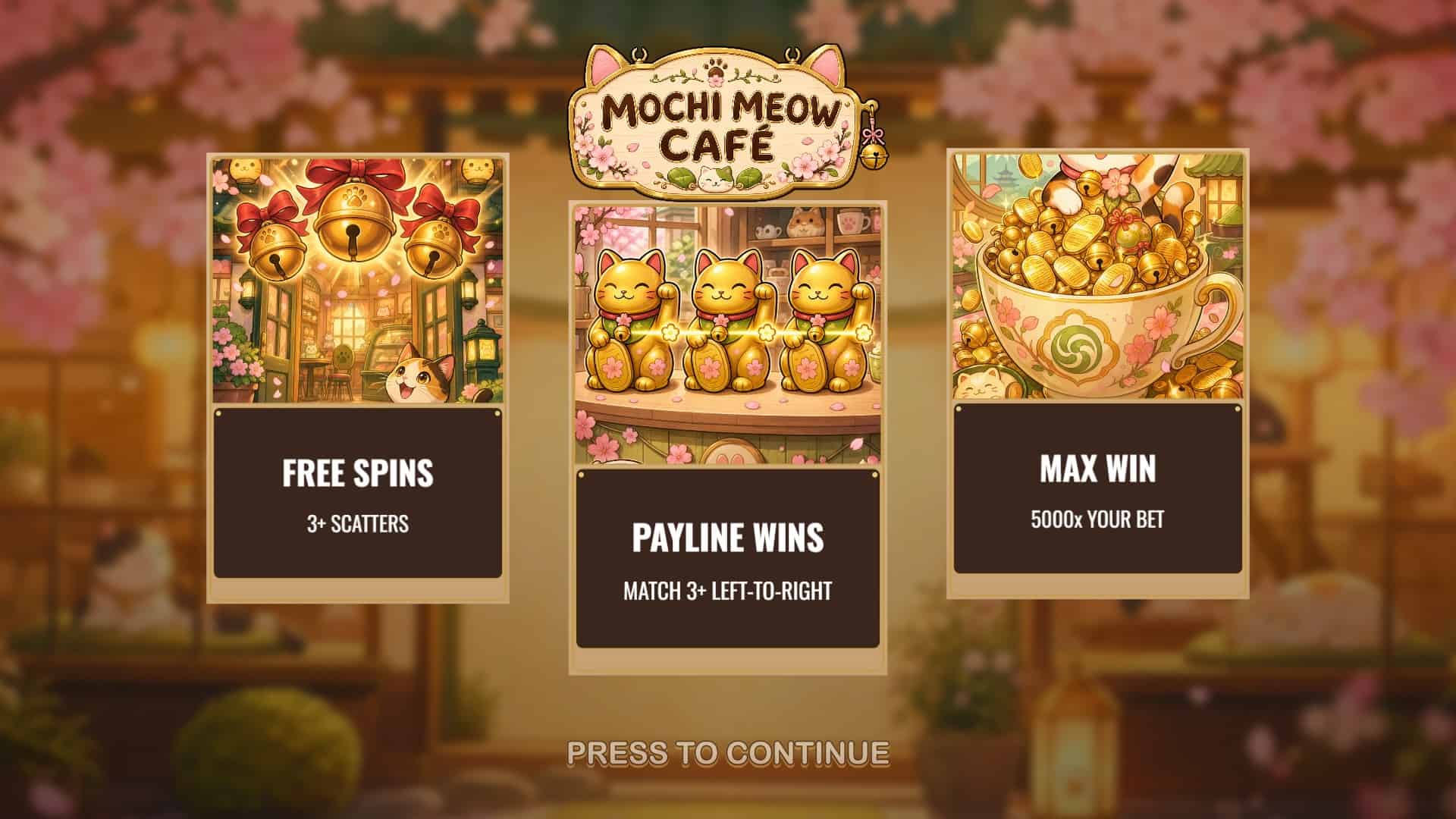 Mochi Meow Cafe slot intro screen