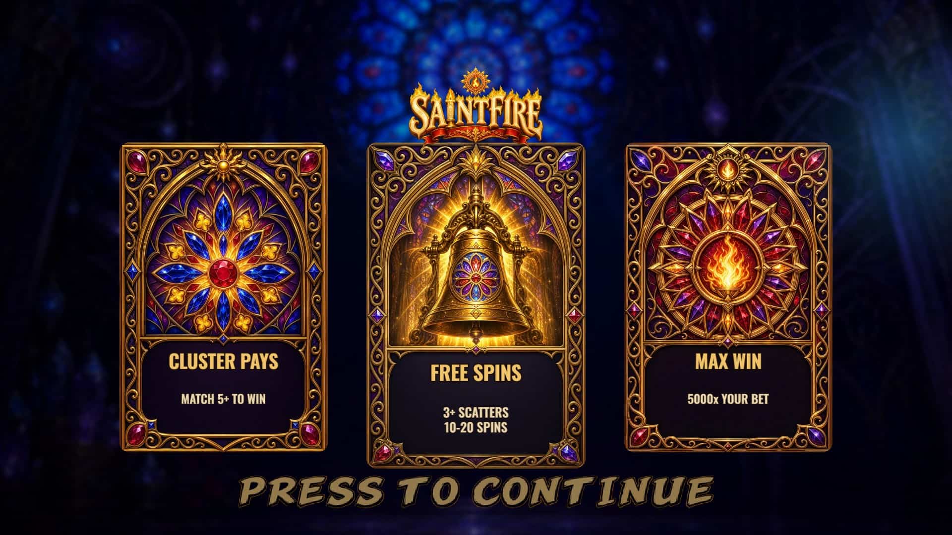Saintfire slot intro screen
