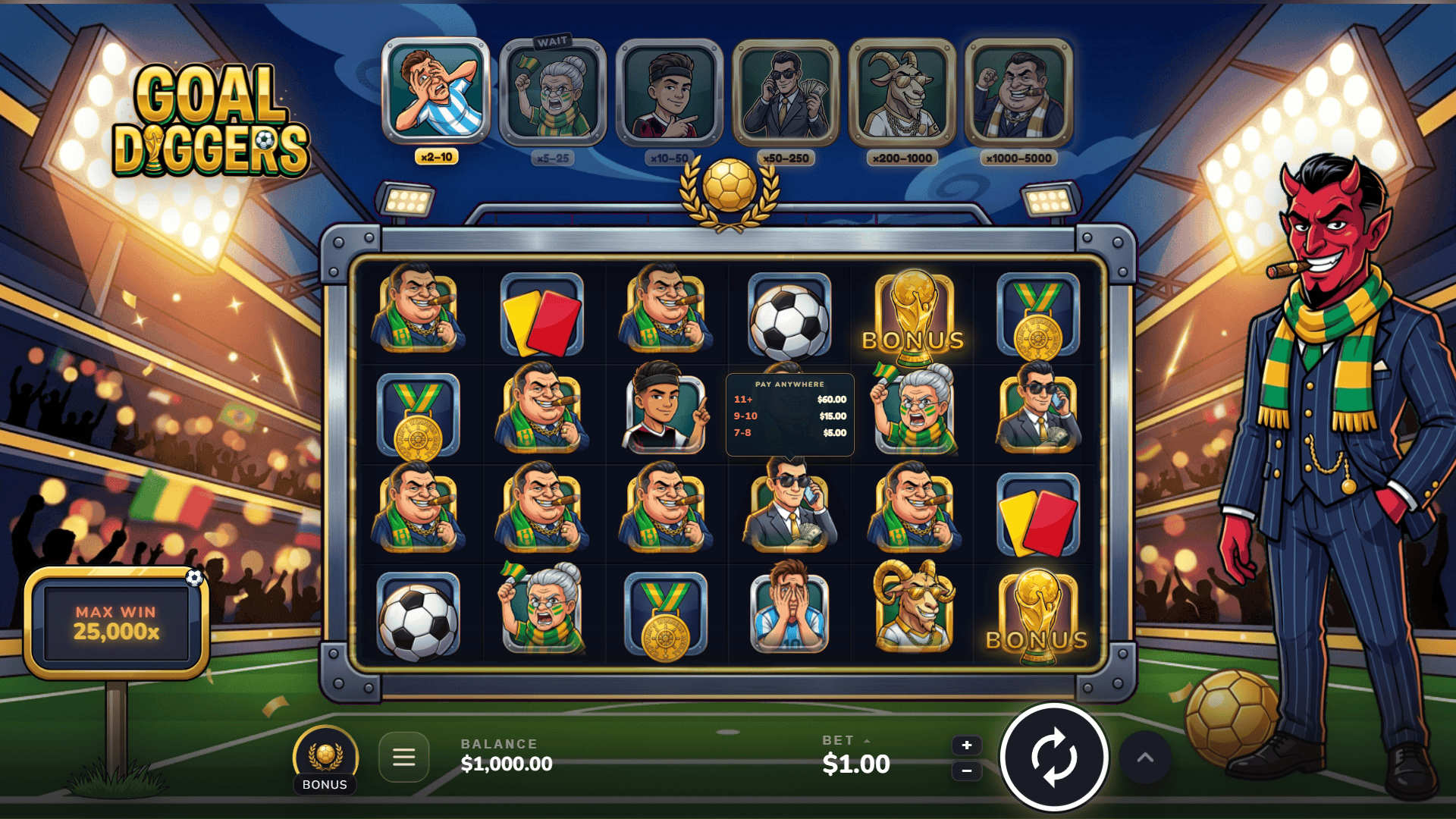 Goal Diggers slot gameplay reels