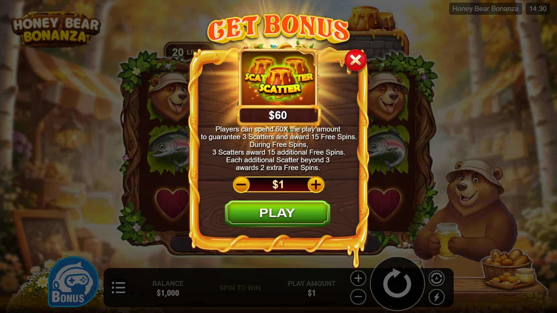Honey Bear Bonanza bonus buy menu