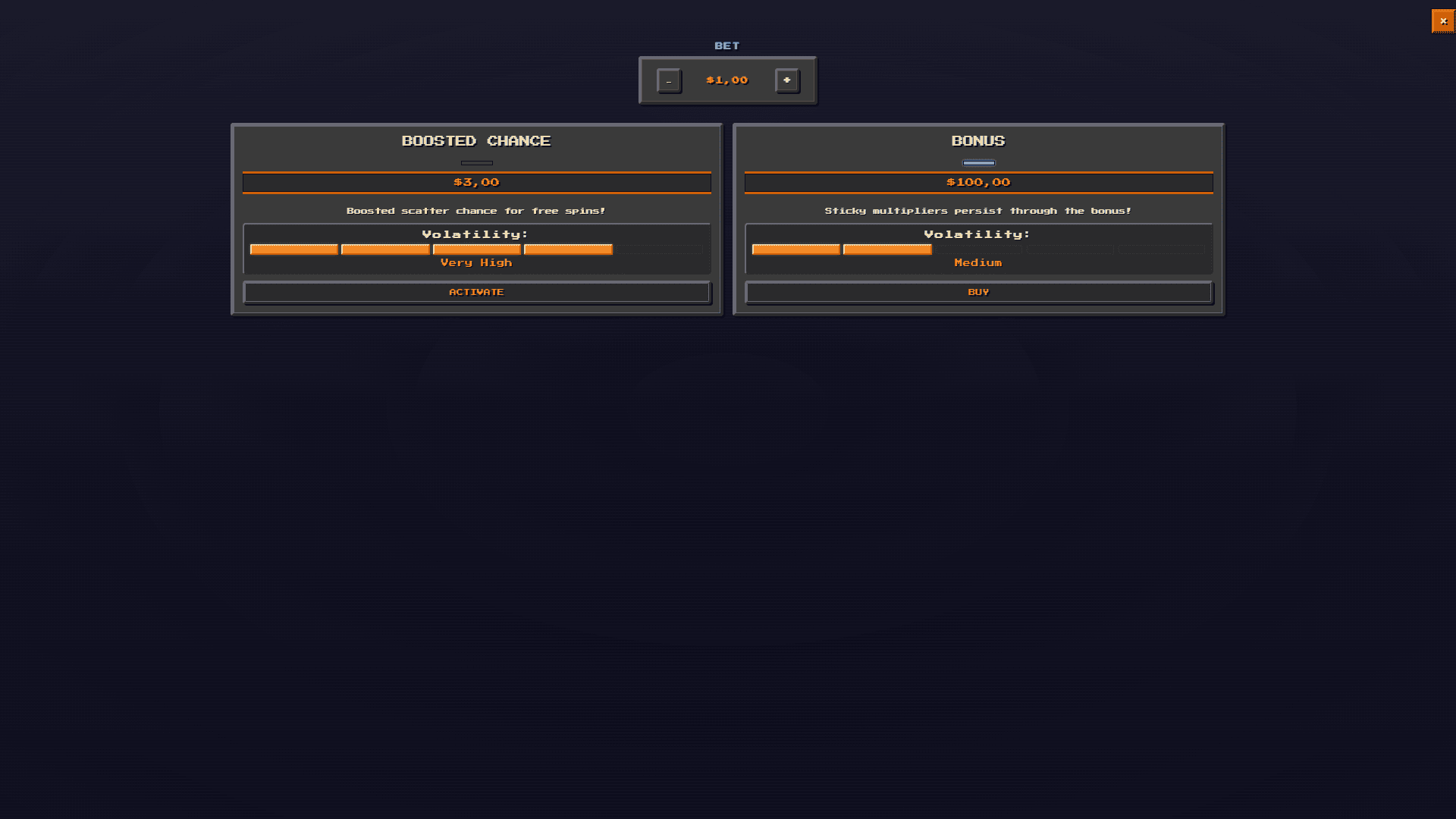 Pixel Rush Cluster Pays bonus buy menu