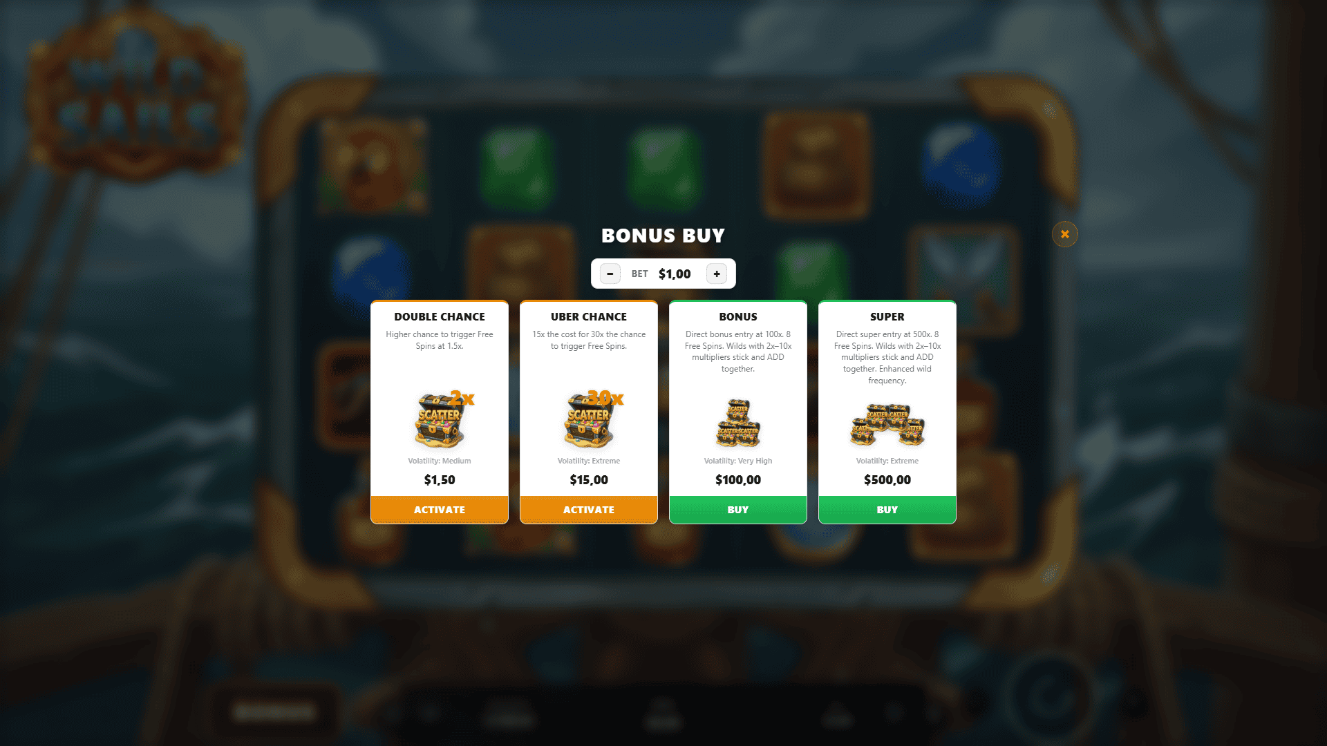Wild Sails bonus buy menu