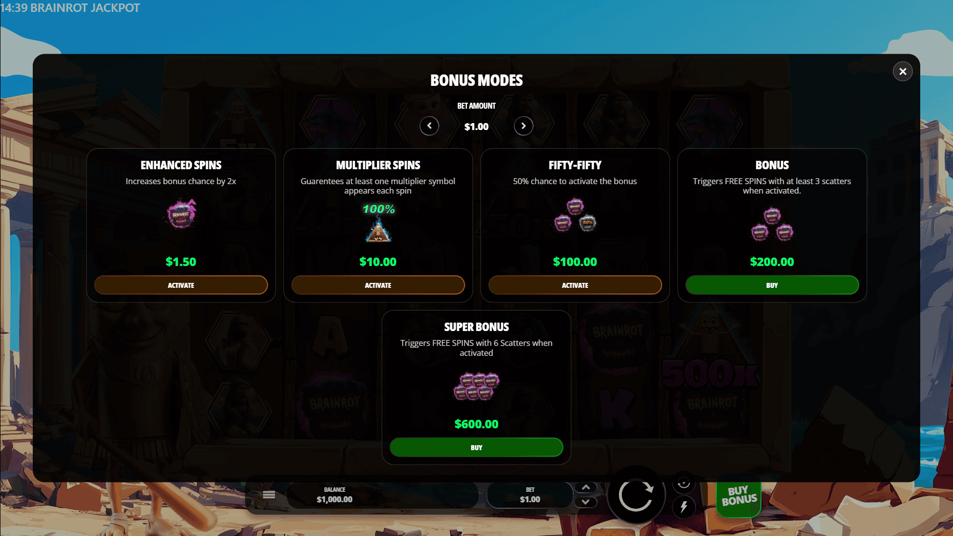Brainrot Jackpot bonus buy menu