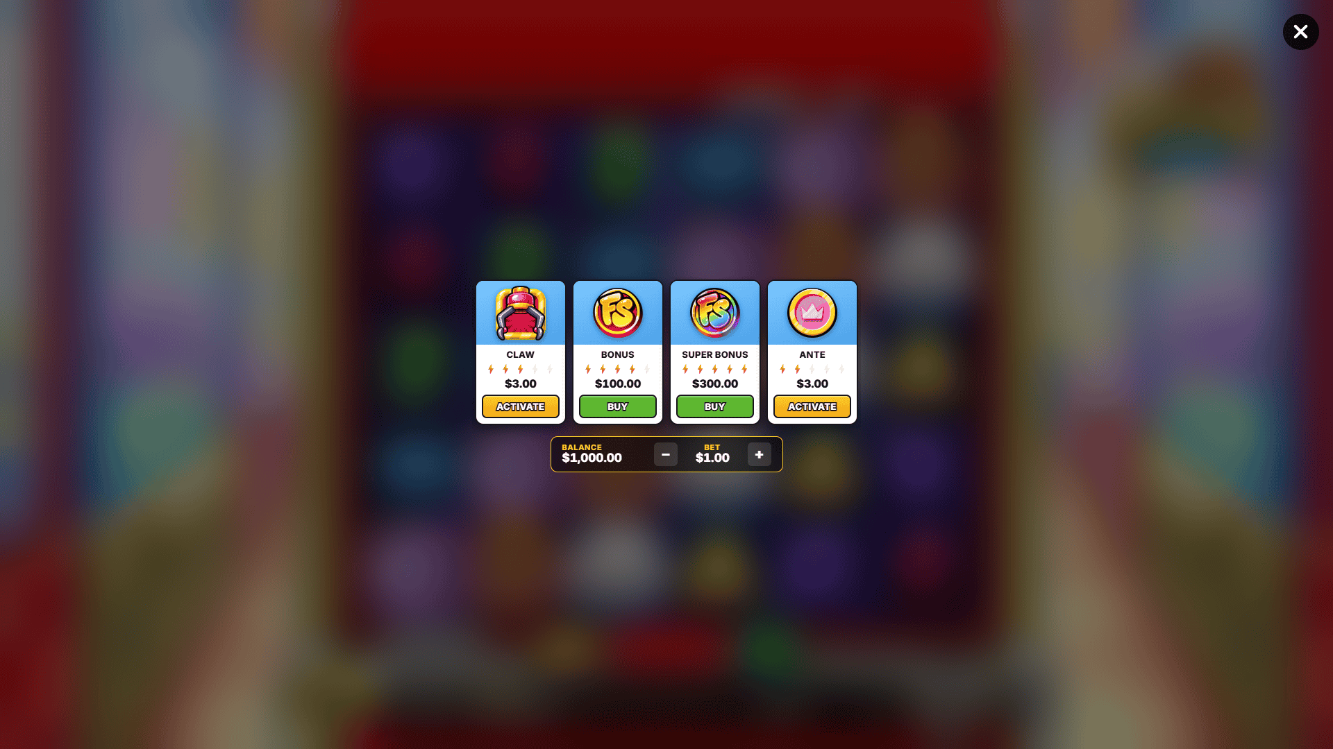 Crane Game bonus buy menu