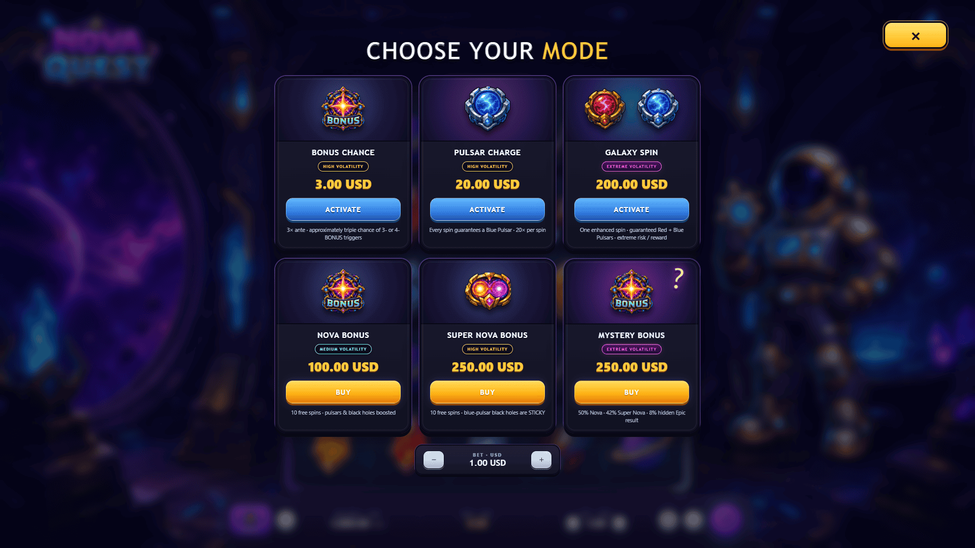 Nova Quest bonus buy menu