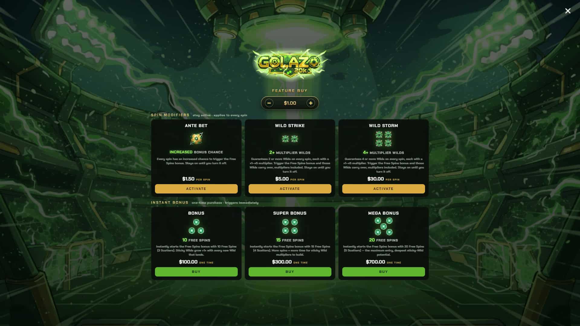 Golazo 20K bonus buy menu