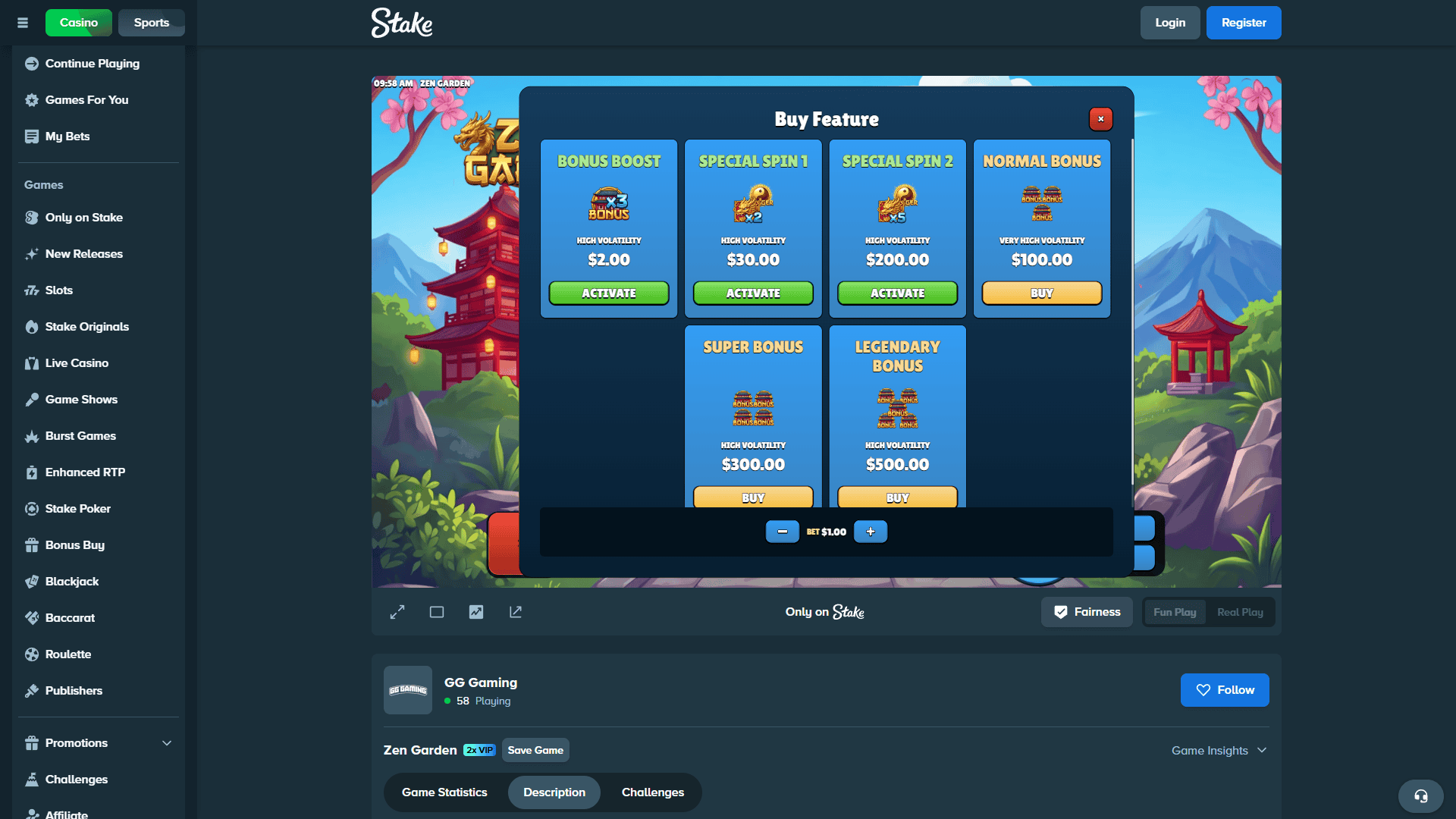 Zen Garden bonus buy menu