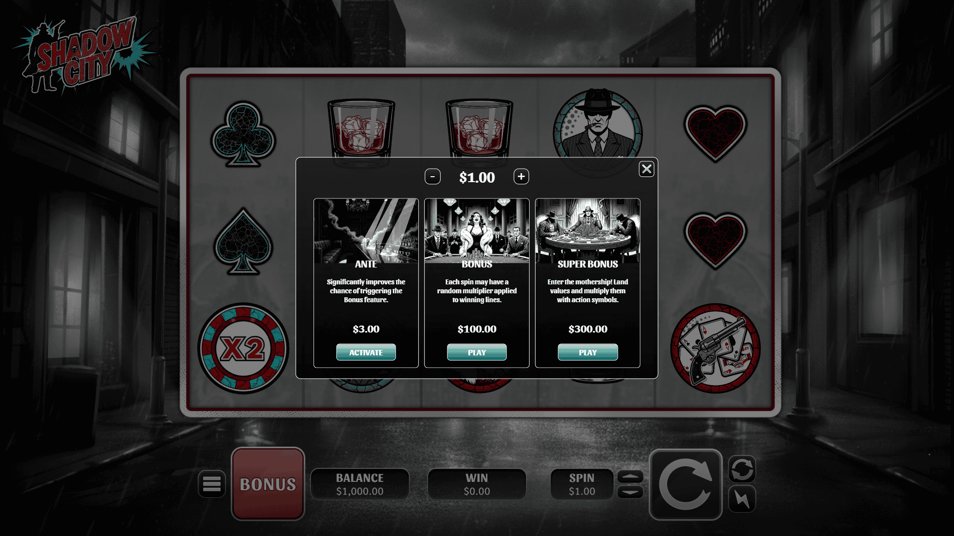 City of Shadows bonus buy menu