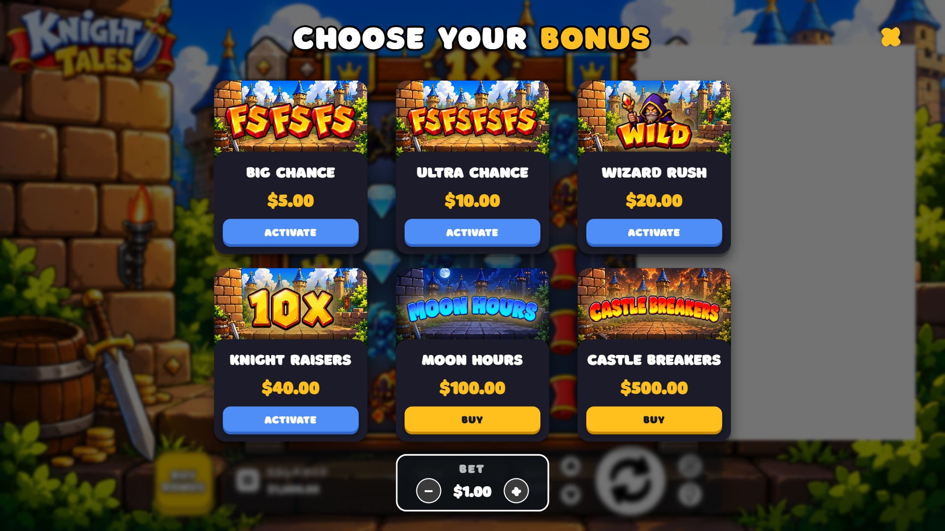 Knight Tales bonus buy menu