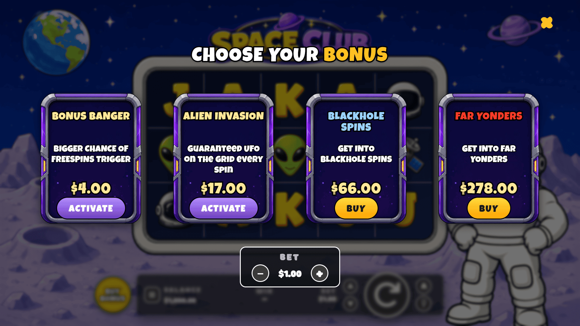 Space Club bonus buy menu