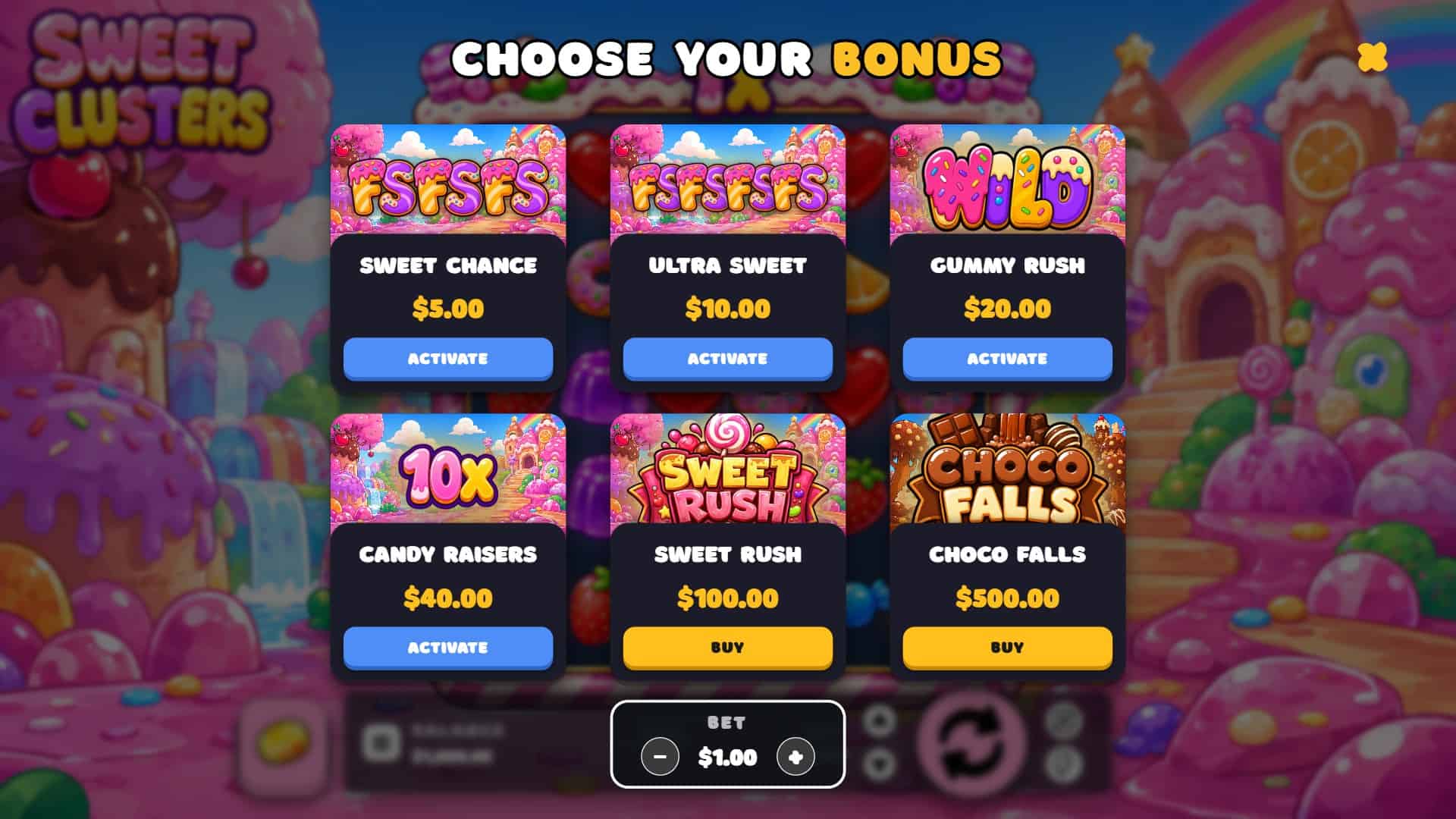 Sweet Clusters Cluster Pays bonus buy menu